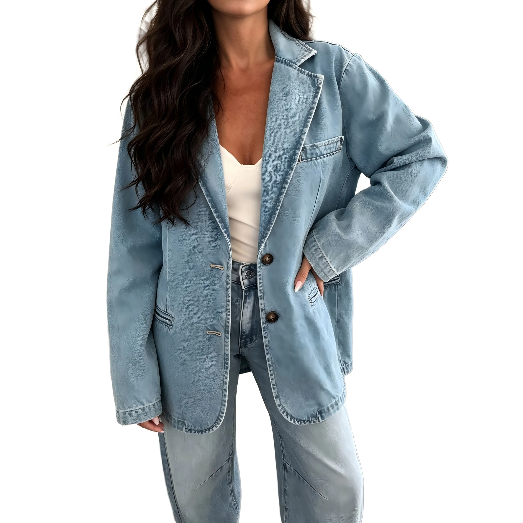 YesFashion Women Denim Blazer Jacket Lapel Long Sleeve Open Front Casual Jean with Pockets