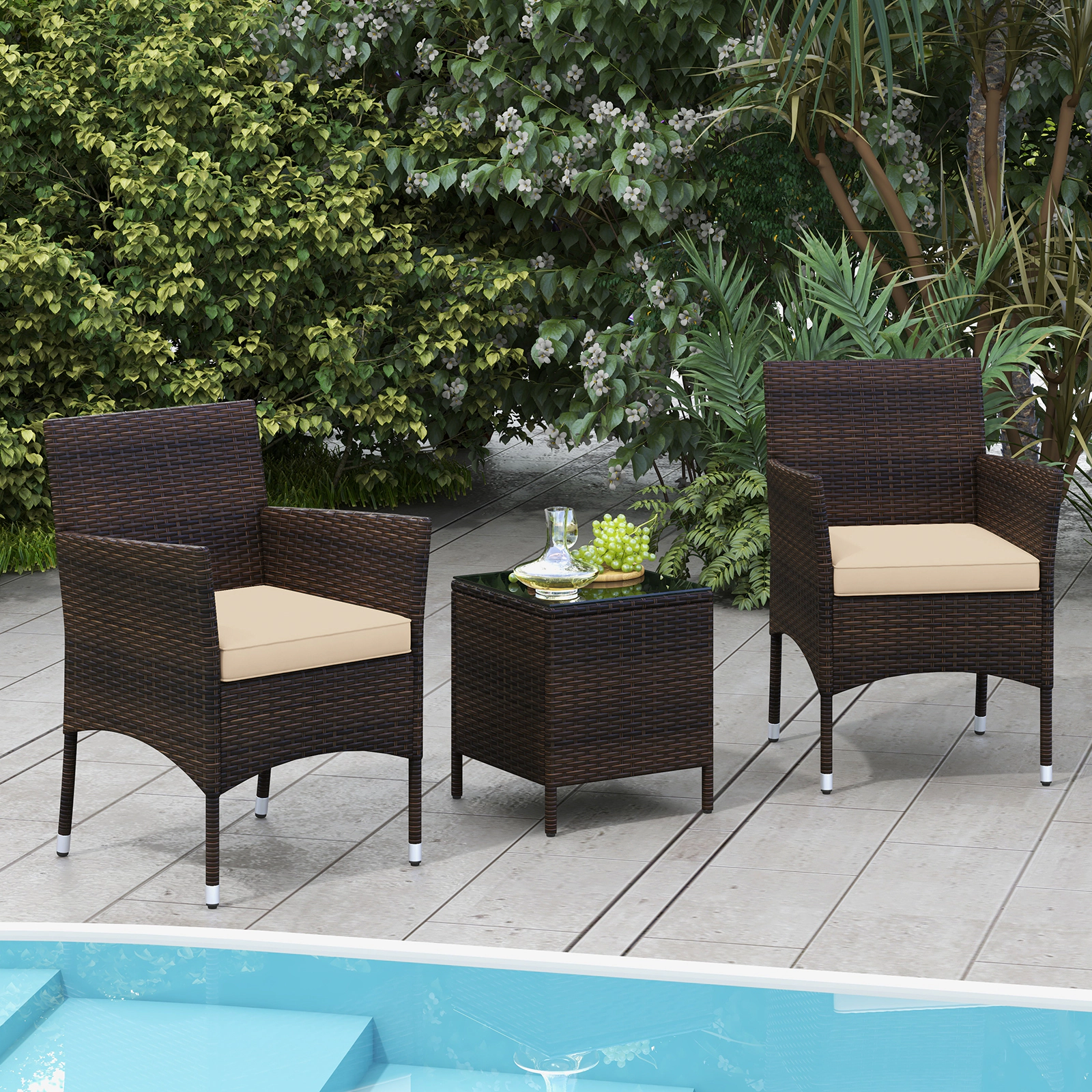 SUGIFT 3-Piece Brown Wicker Balcony Conversation Set with Glass Table and Cushions