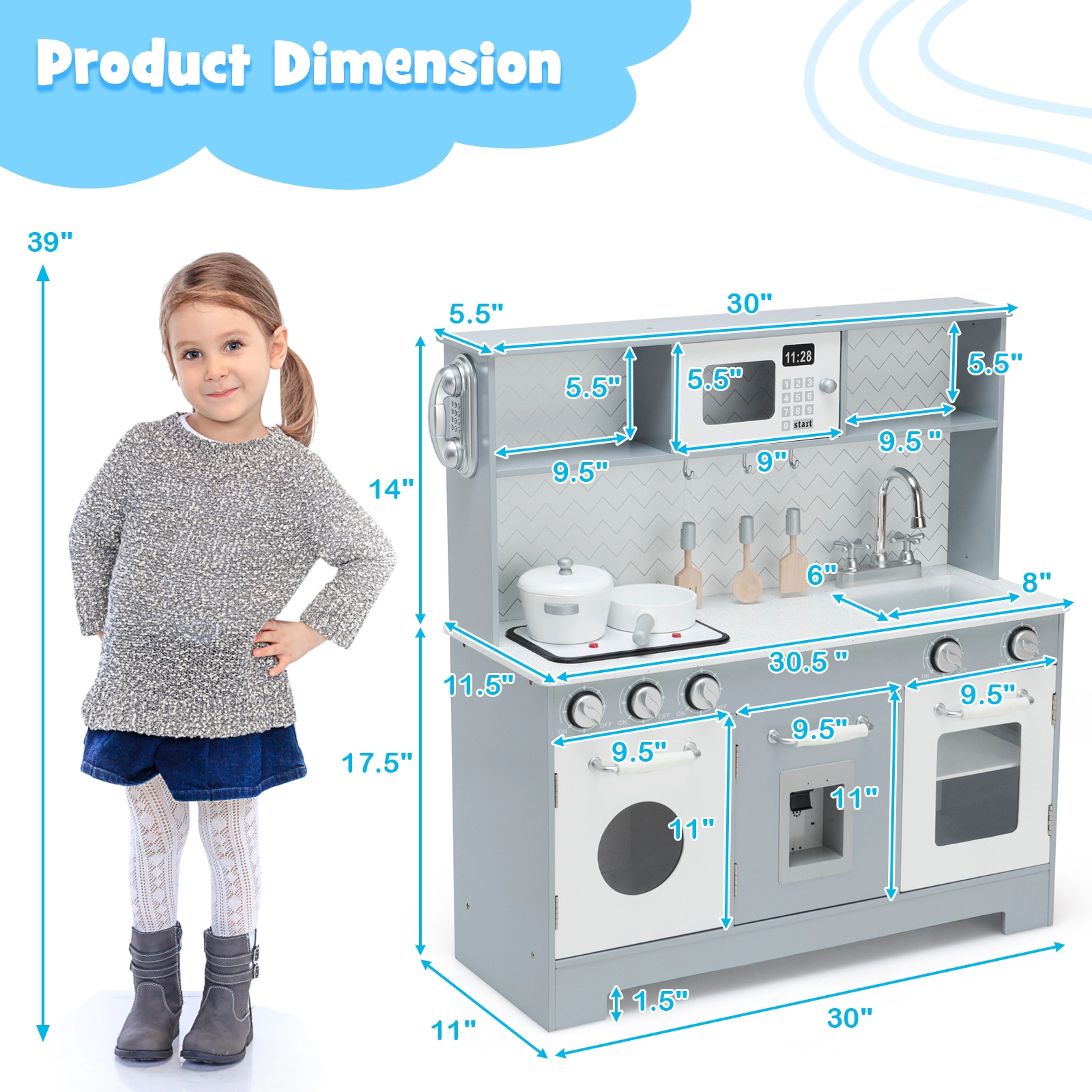 SUGIFT Realistic Pretend Play Kitchen Toy Set with Light and Sound For Kids Over 3 Years White and Gray