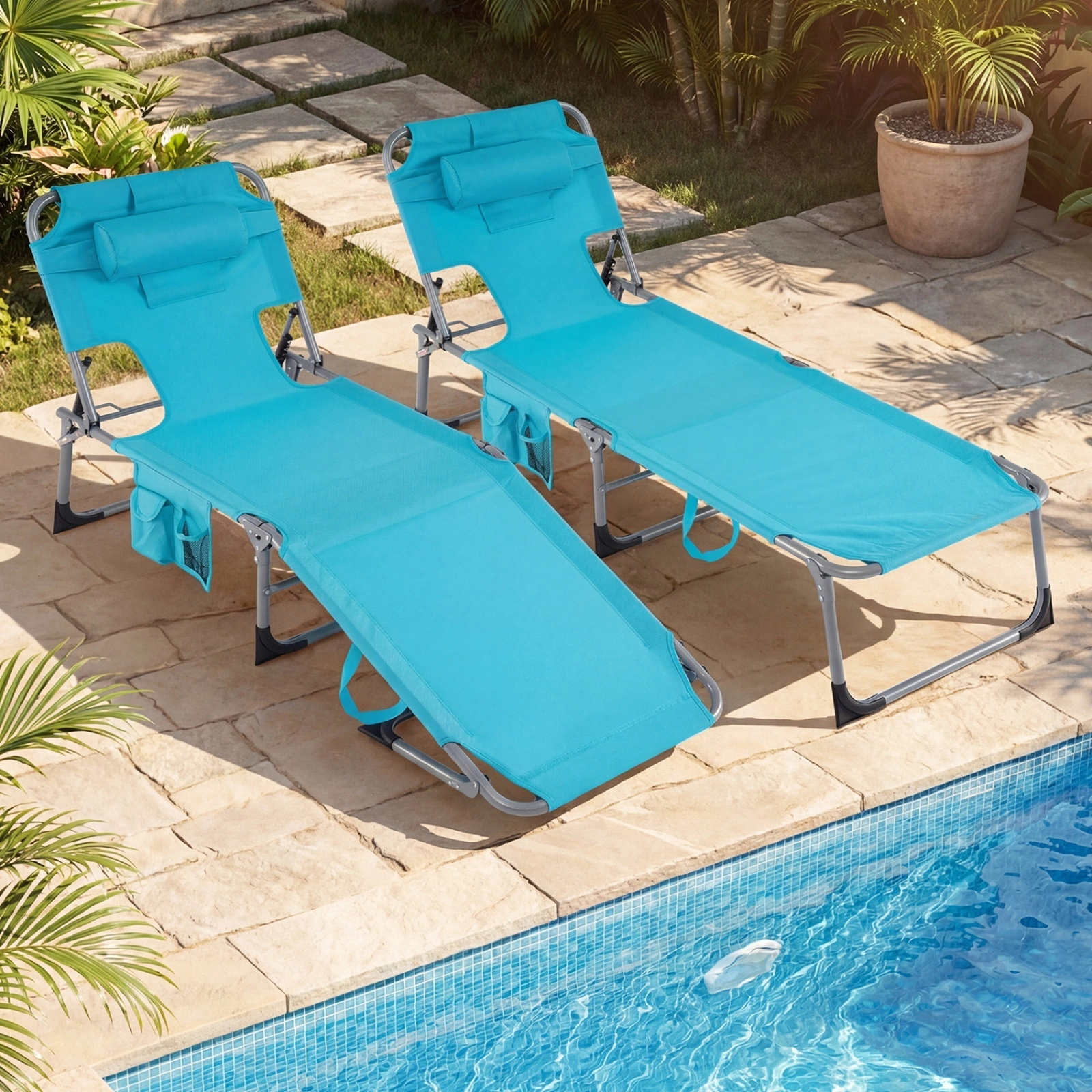 SUGIFT Face-Down Tanning Chair, Folding Reclining Lounge Chair with Face and Arm Slots, Pillow, Pockets, Turquoise