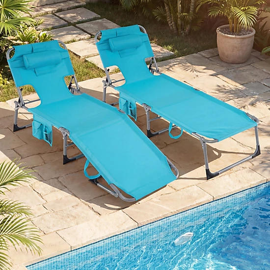 SUGIFT Face-Down Tanning Chair, Folding Reclining Lounge Chair with Face and Arm Slots, Pillow, Pockets, Turquoise