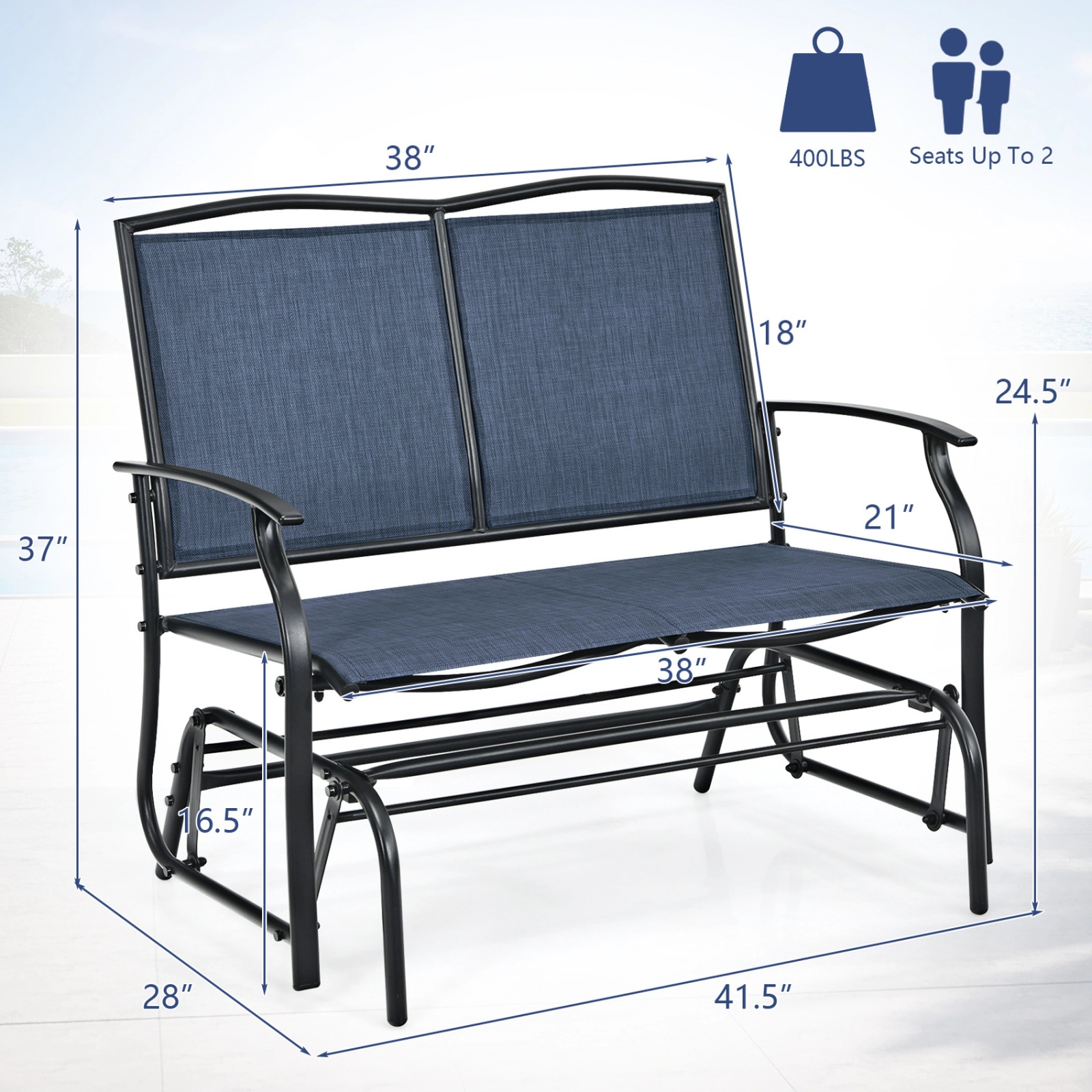 SUGIFT Steel Textilene Patio Rocking Loveseat Chair 396-Lb Capacity Seats 2 Navy Black Brown Gray