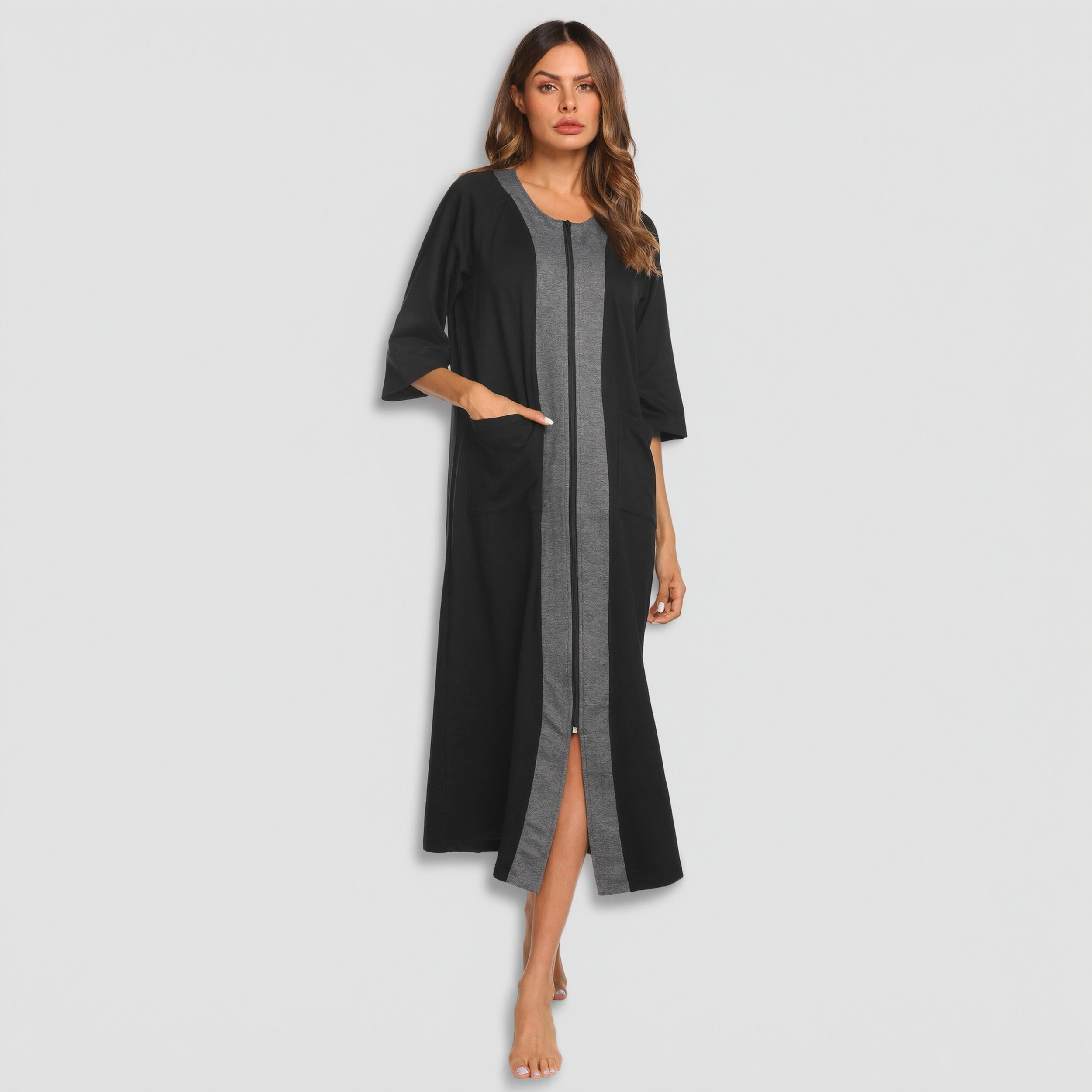 Ekouaer Robe Zipper front Robes Three Quarter Sleeve House Dress Full Length Nightgown Housecoat