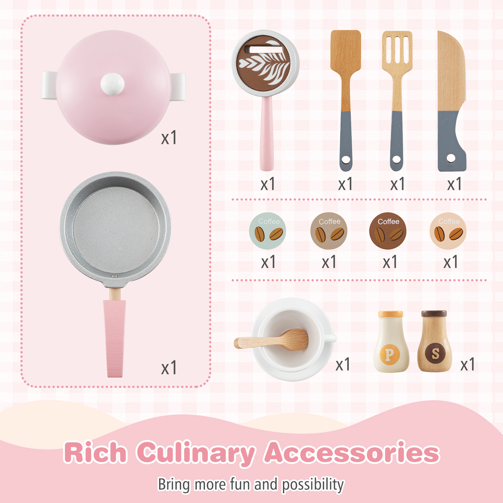 LJG Wooden Kids Kitchen Playset with Coffee Maker for Kids