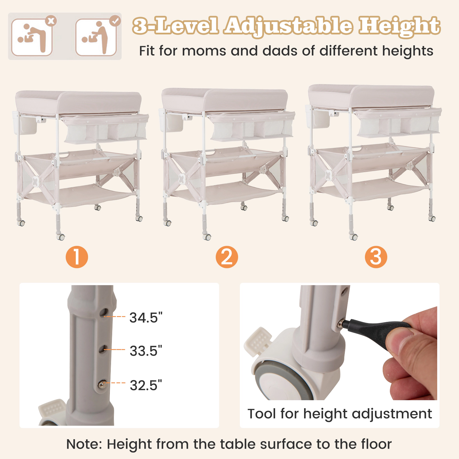 SUGIFT Portable Baby Changing Table with Wheels & Large Storage Rack 24-lb Capacity Ages 0-1 Adjustable Height Gray/Pink