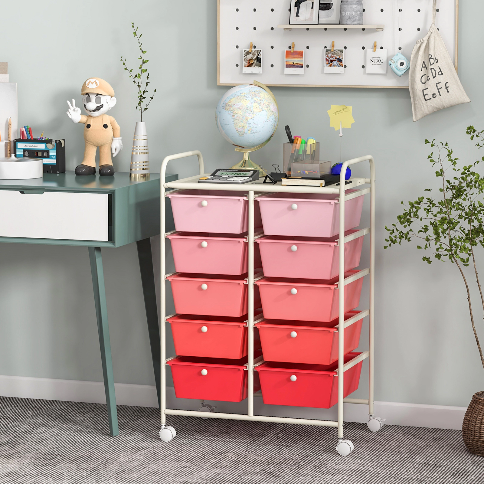 SUGIFT 10-Drawer Rolling Storage Cart with Mesh Top Platform 22-lb Top Capacity Gradient Pink As Picture Shown