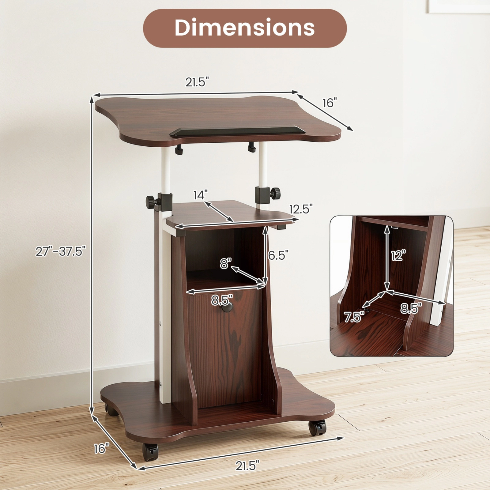 SUGIFT Brown and White Rolling Lectern Podium, Adjustable Standing Desk with Tilt Top and Storage Cabinet