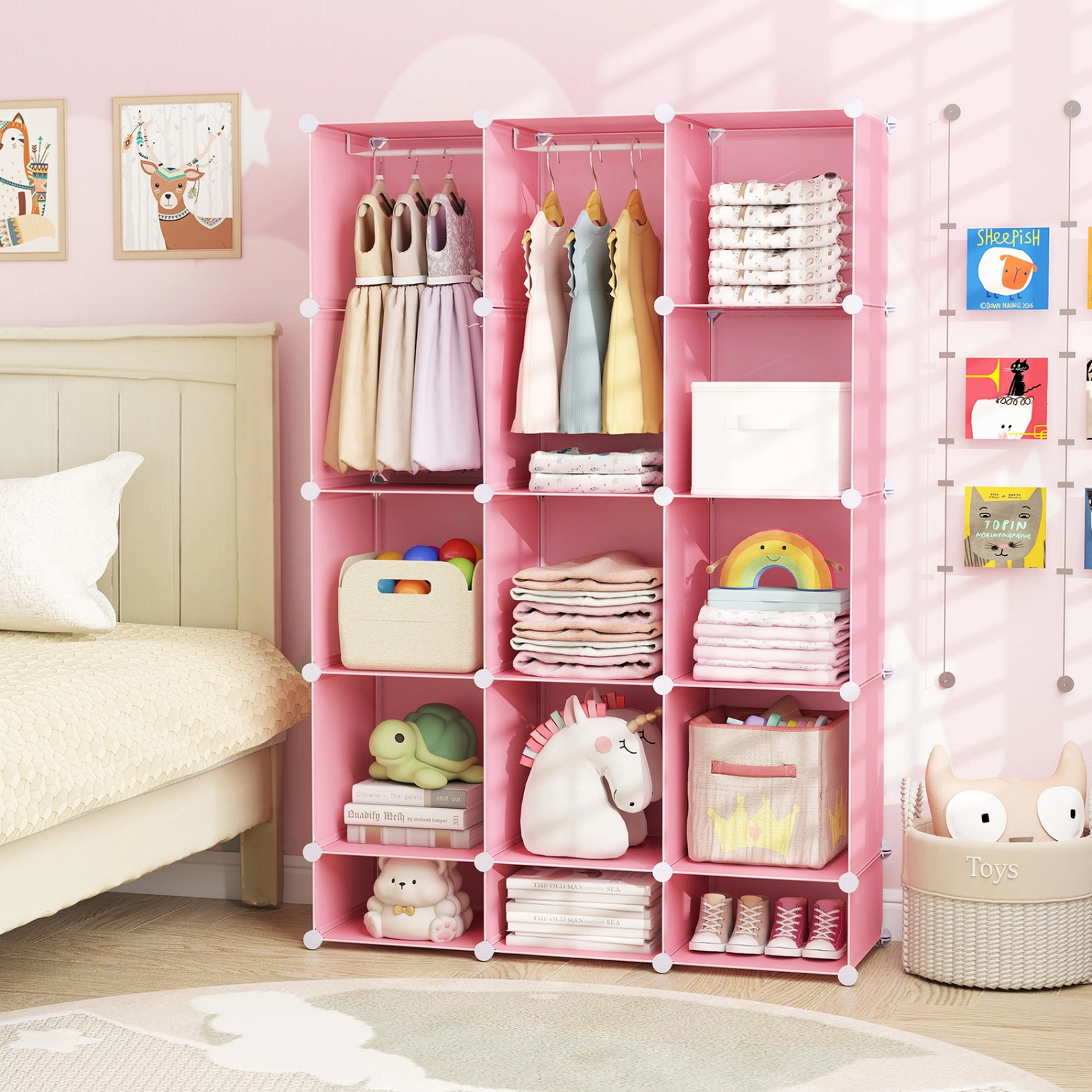 SUGIFT Kids 13-Cube Stackable Hanging Rods Modular Wardrobe Closet 43-in x 14-in x 63-in 6.5-lb per Cube Pink