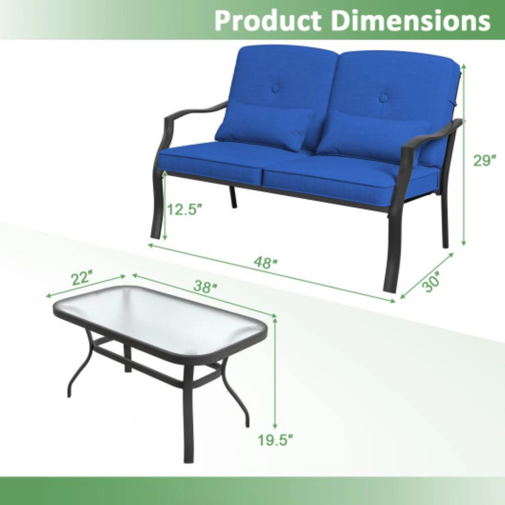 Hivvago Outdoor Loveseat Chair Set With Coffee Table And Seat Back Cushions-Navy