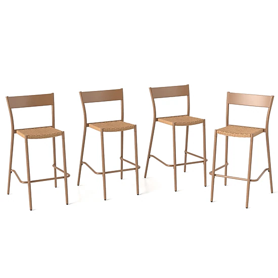 SUGIFT Set of 4 Light Brown Outdoor Bar Stools, Stackable PE Rattan Seats, 29-Inch Seat Height