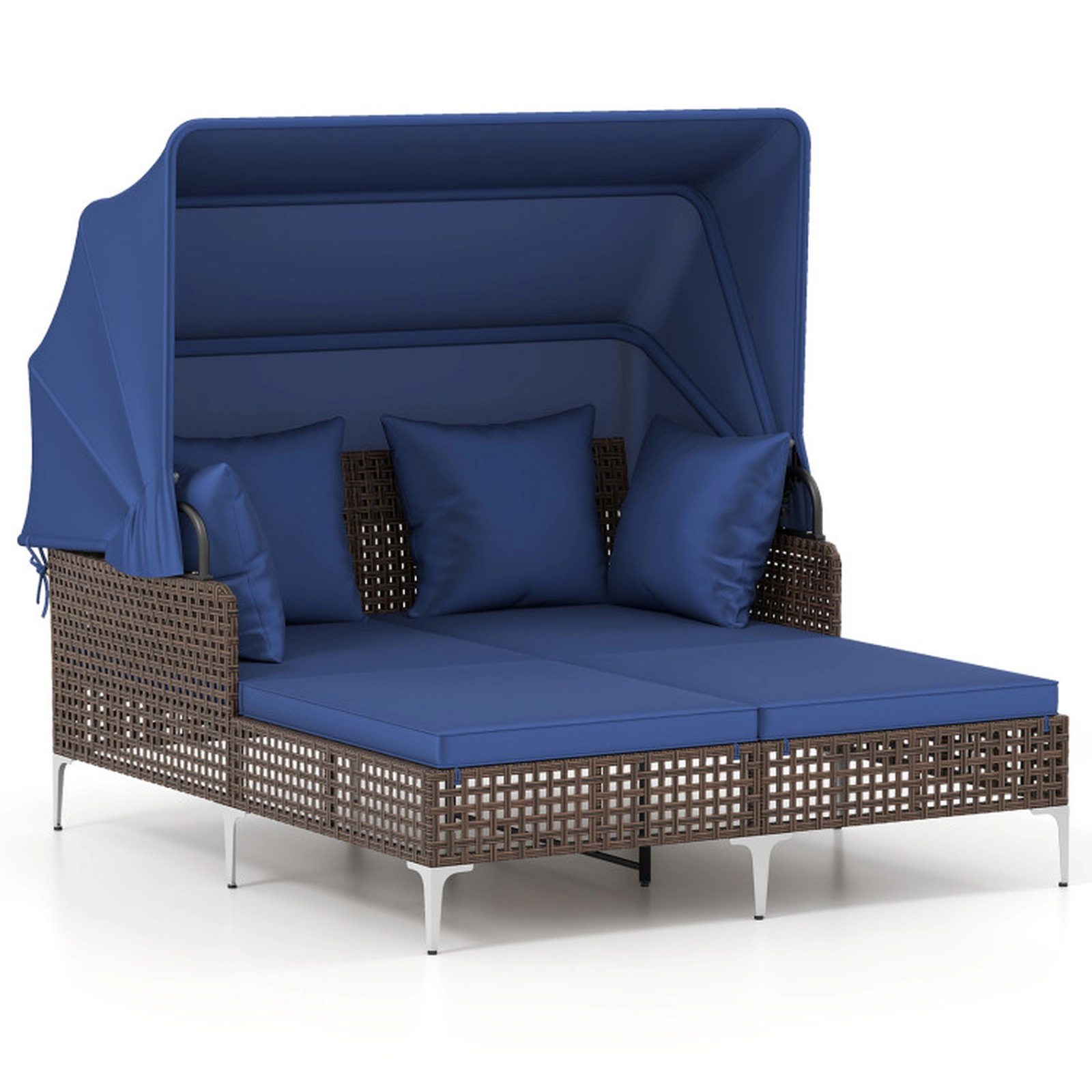 SUGIFT Outdoor Wicker Daybed, 800-lb Capacity, Retractable Canopy, Navy