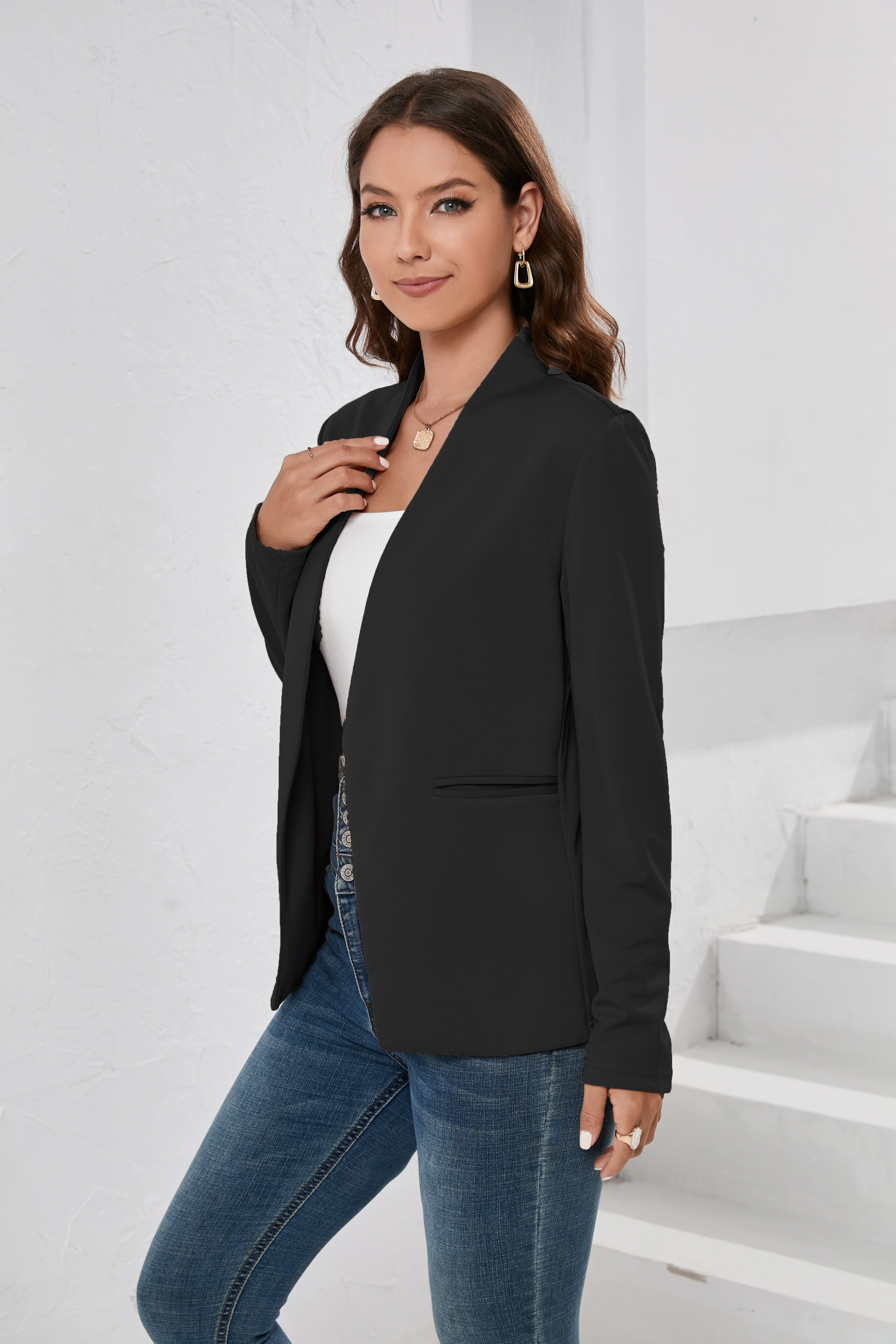 KOJOOIN Women Open Front Blazer Stand Collar Suit Jacket Lightweight Casual Work for Business Office