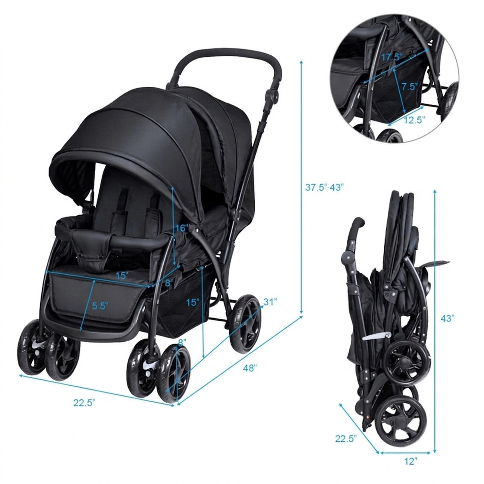 SUGIFT Baby Black Tandem Double Stroller with 5-Point Harness 48-in W 22.5-in D 43-in H 33-lb Per Seat
