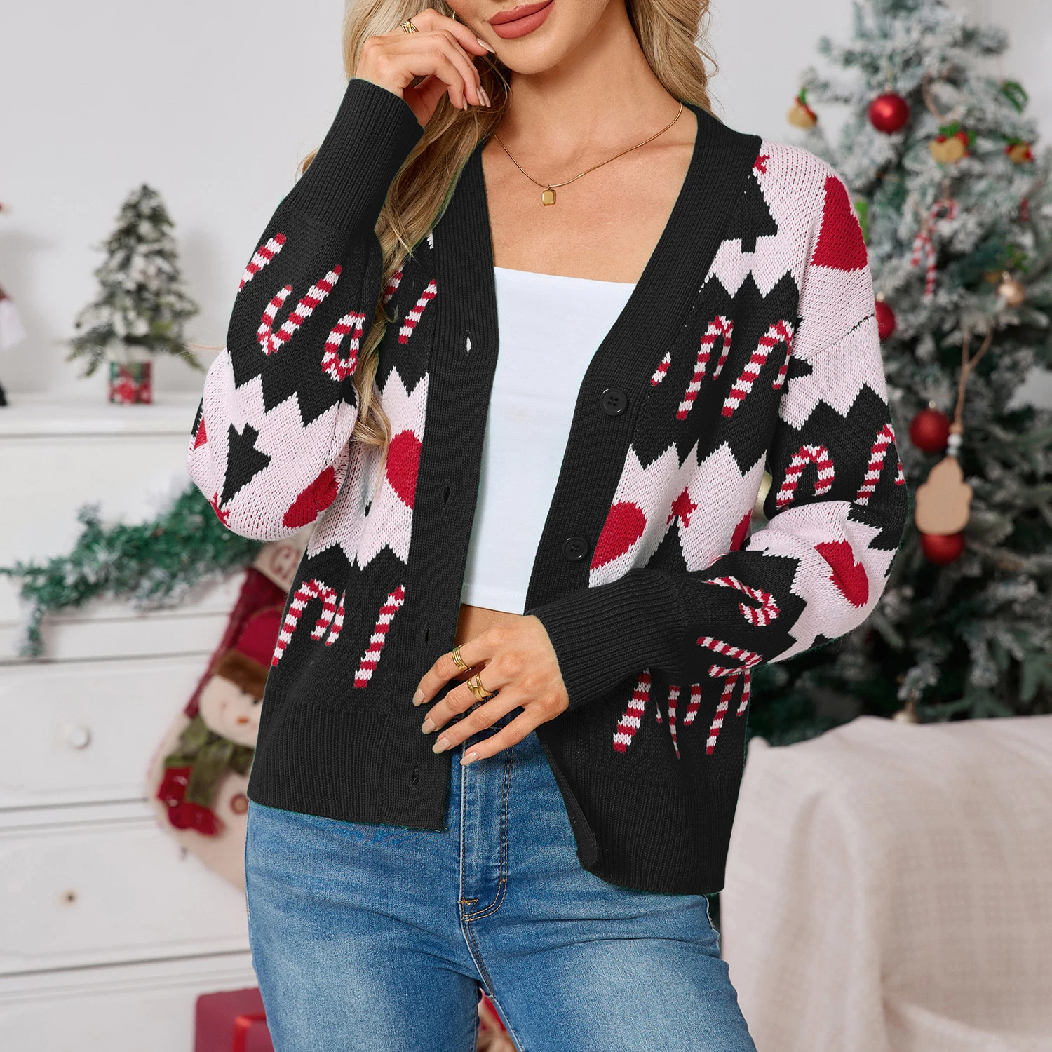 YesFashion Women's Christmas Cardigans V Neck Button Down Long Sleeve Party Ugly Holiday Sweaters