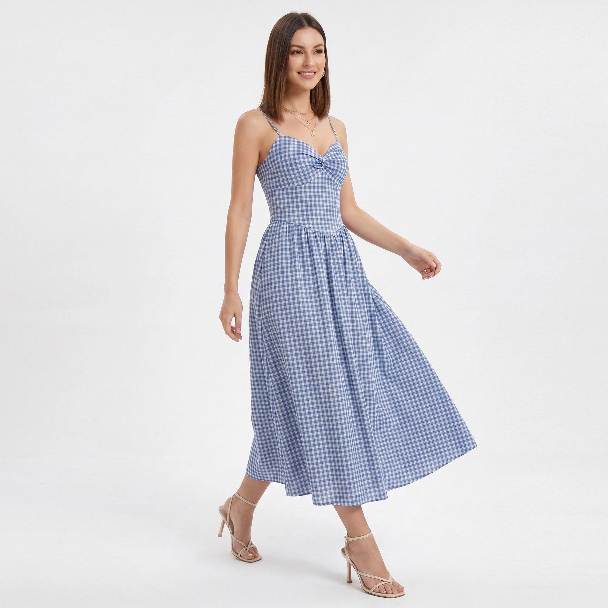Anna-Kaci Women's Gingham Twist Front Bodice Spaghetti Straps Midi Dress