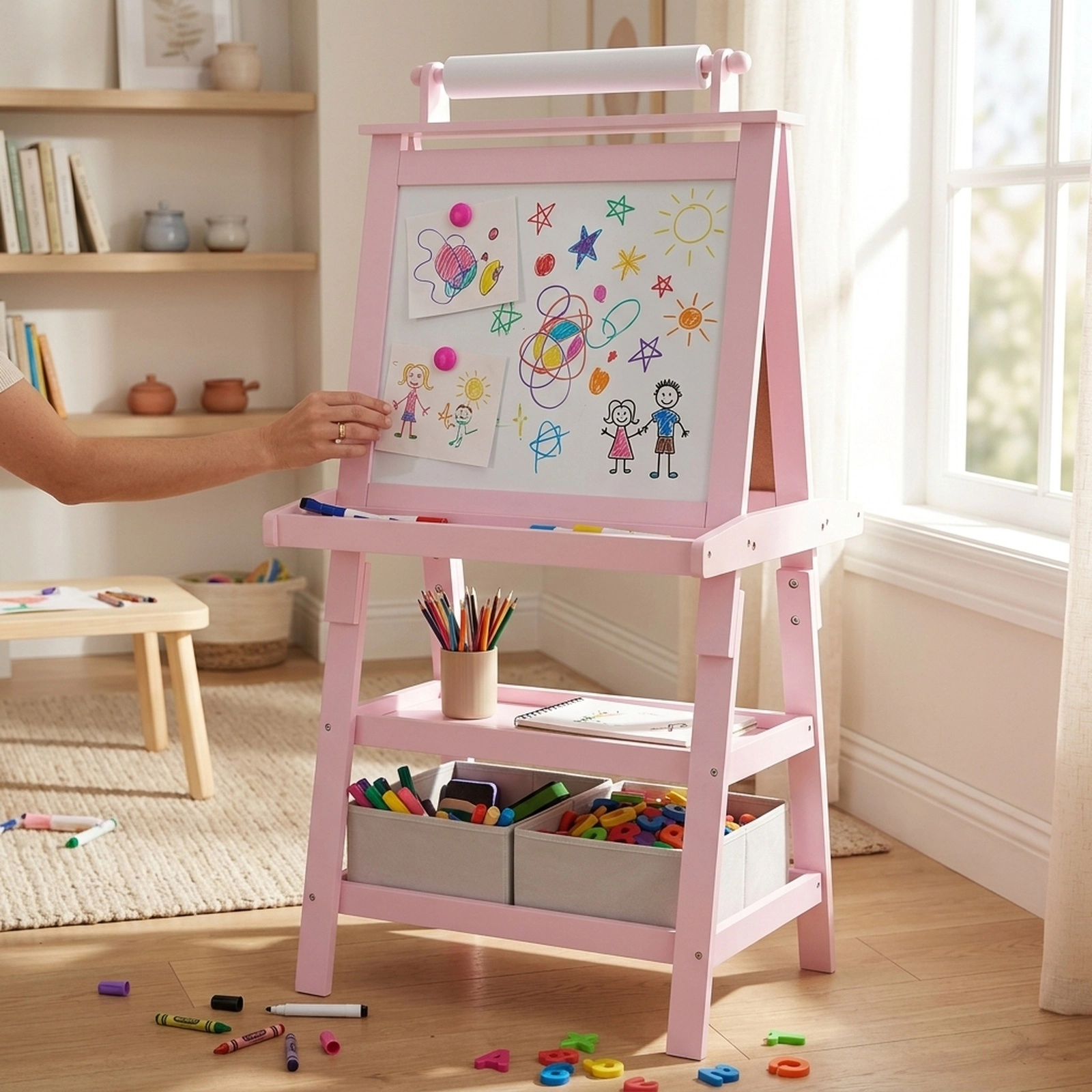 3-in-1 Kids Art Easel Dry Erase Whiteboard Chalkboard Paper Roll Surfaces Magnetic Beads 46-in Standing Height Pink