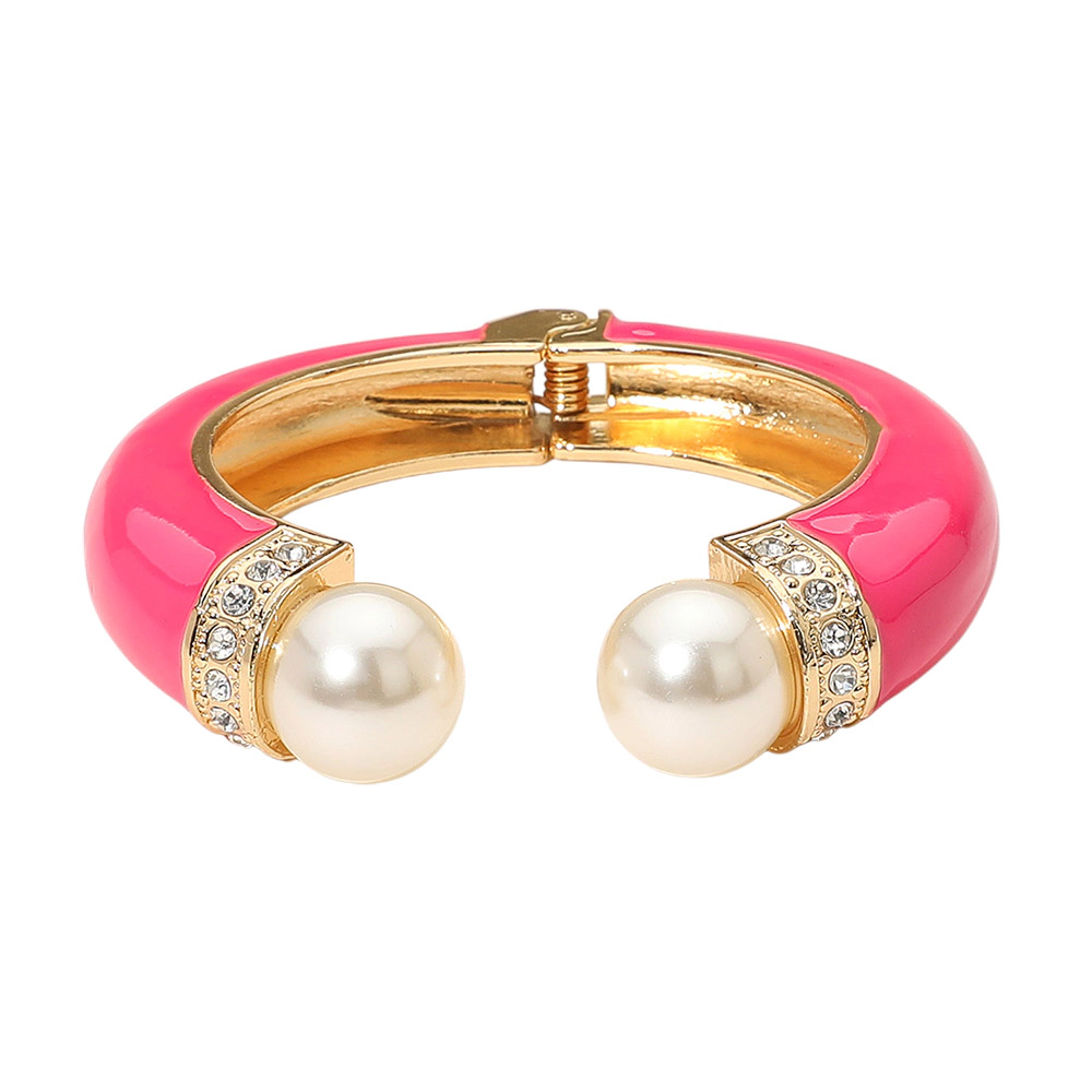 FASHNZFAB Gold Plated Pearl Tip Enamel Hinged Cuff Bracelet
