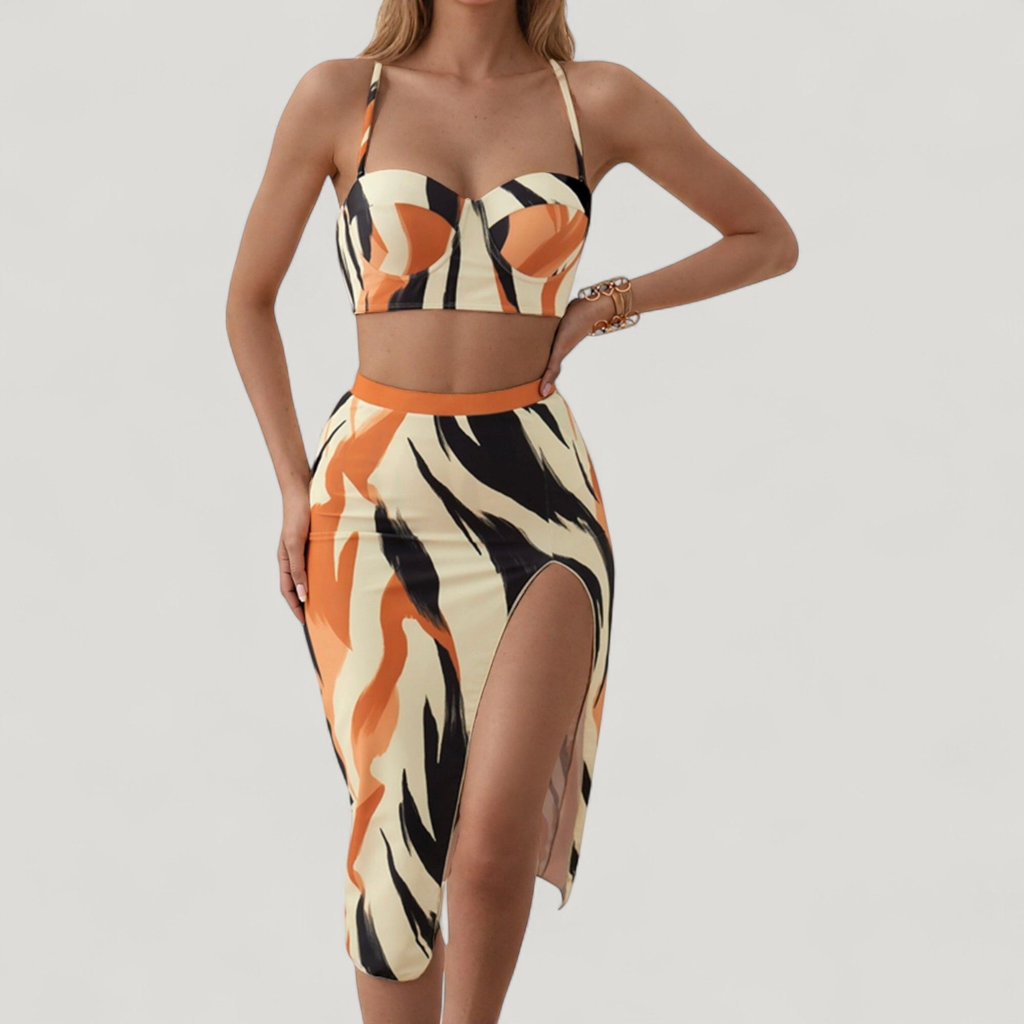 Anna-Kaci Women's 3-Piece Swimsuit Set with Bikini Top High Waist Bottom and Matching Side Slit Skirt Cover-Up