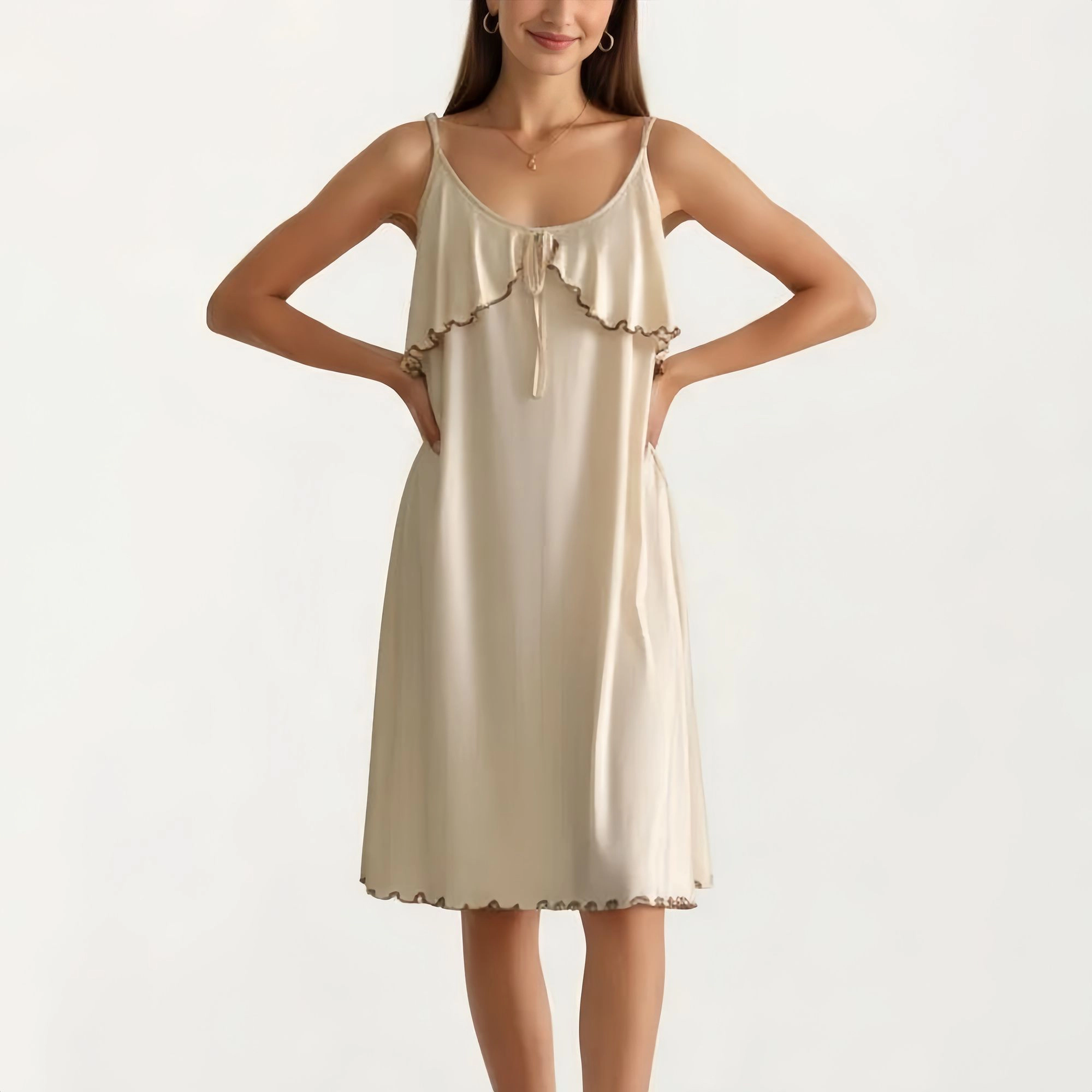 Anna-Kaci Women's Sleeveless Pajama Dress with Straps Tie Front Ruffle Trim Nightgown Relaxed Fit Sleepwear