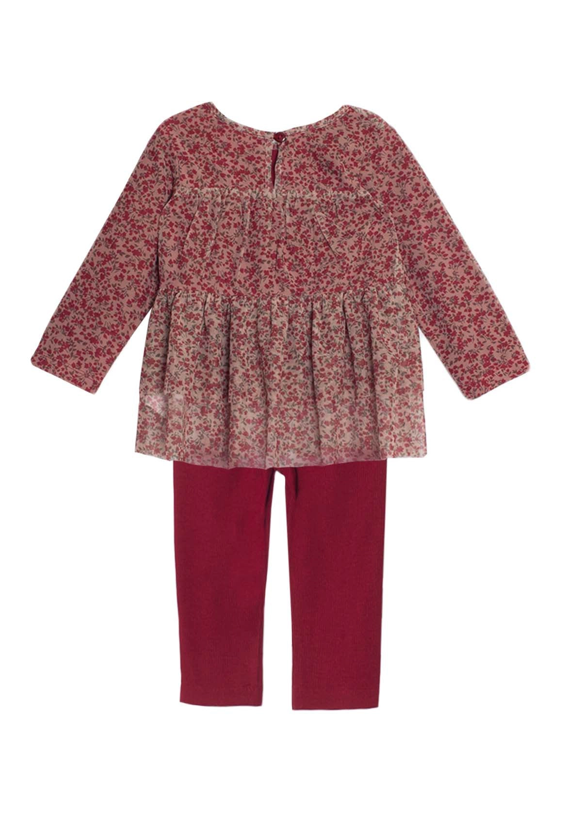 Isobella and Chloe Cranberry Knit Top with Floral Tulle Matching Leggings - 2-Piece Toddler Set