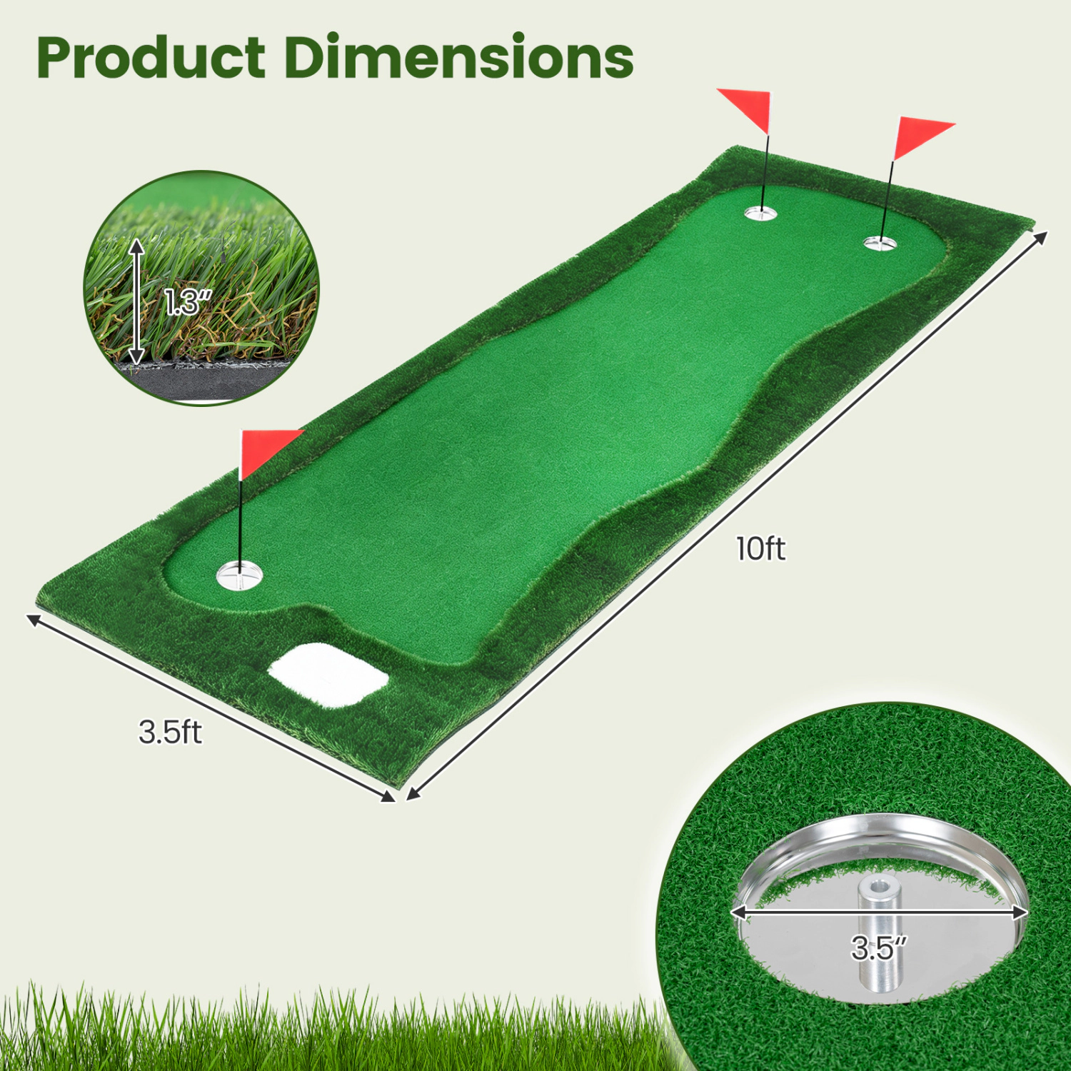 LJG 10 x 3.5ft Golf Putting Green with 3 Hole Cups and 3 Flags for Home Backyard Garage Office