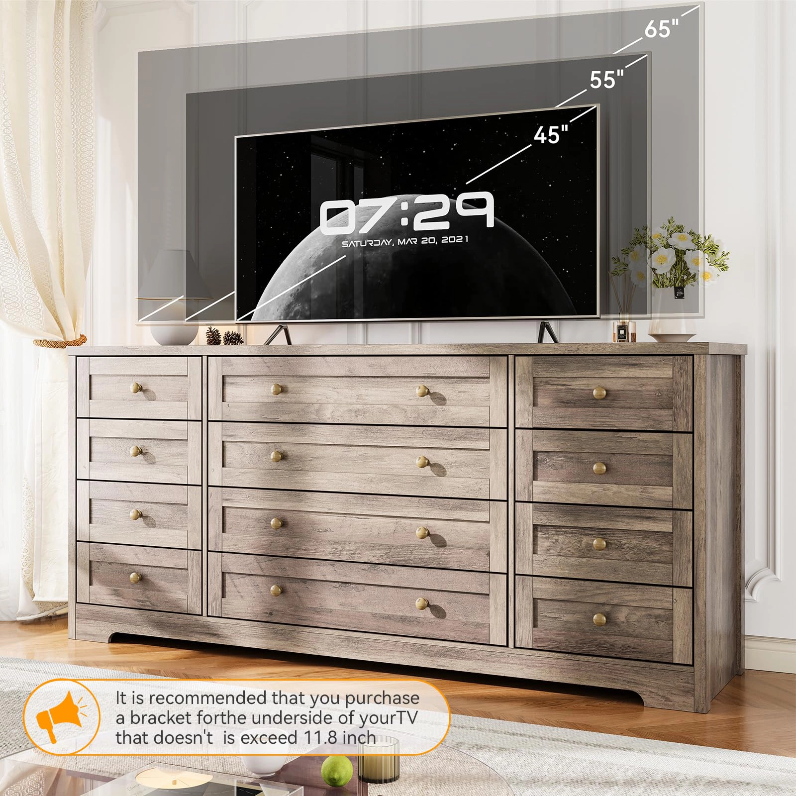 BebreezChic Modern 12-Drawer Wide Dresser TV Stand,GRAY