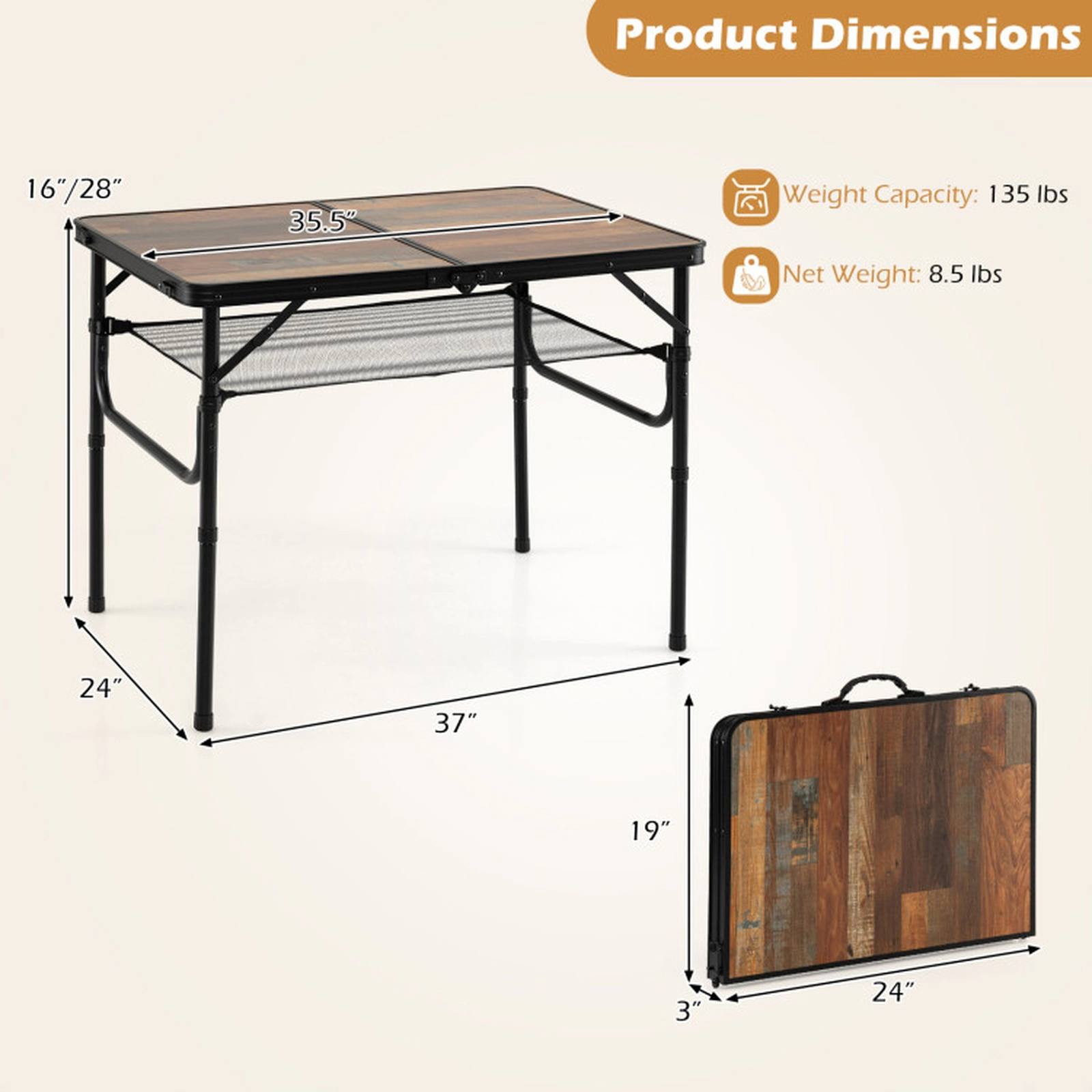 SUGIFT Brown Folding Camping Table with Storage Net 37-in W 24-in D 16-in H to 28-in H 135-lb Tabletop Capacity