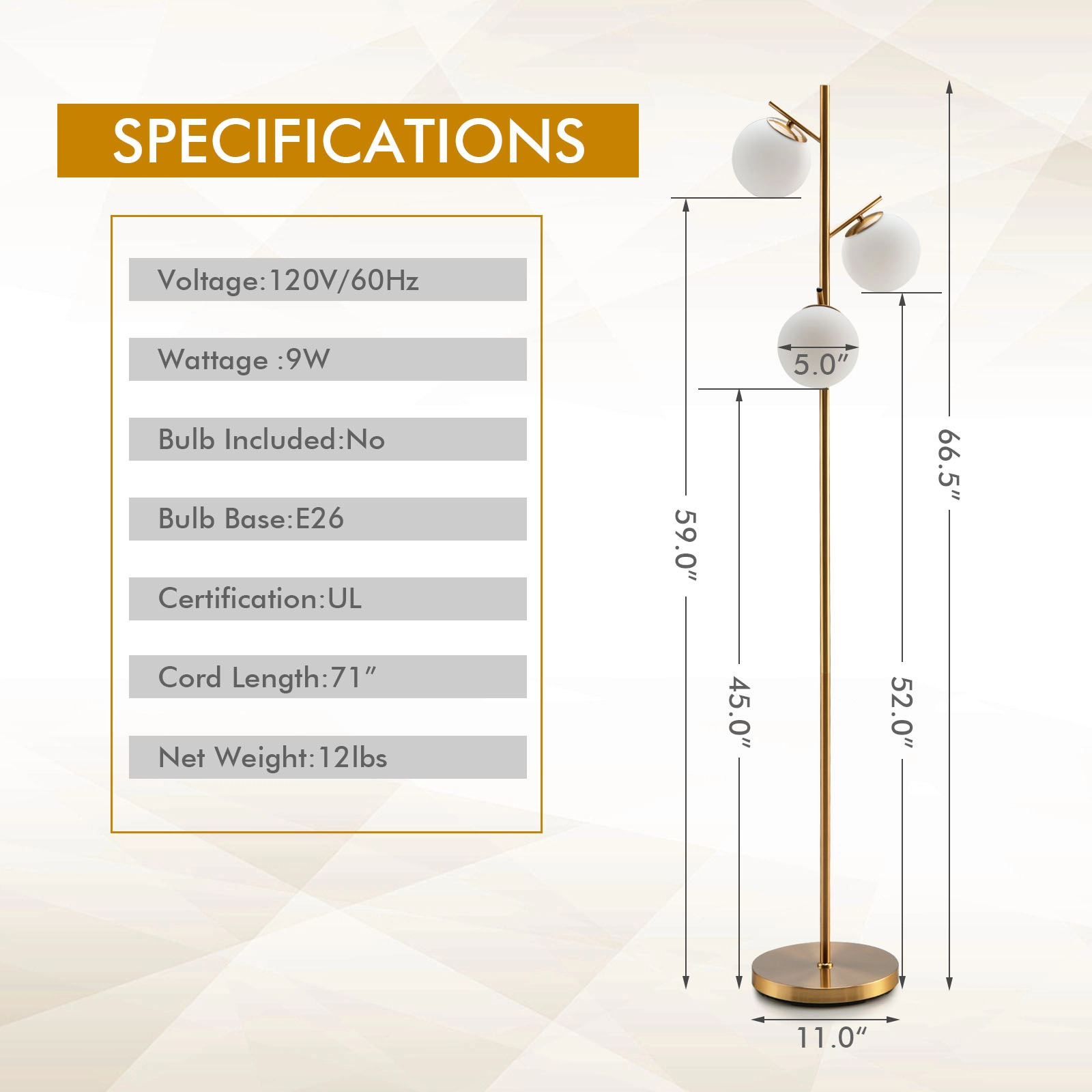 Slickblue Triple Glass Shade Floor Lamp 66in Gold Metal Frame Living Room Bedroom Lighting