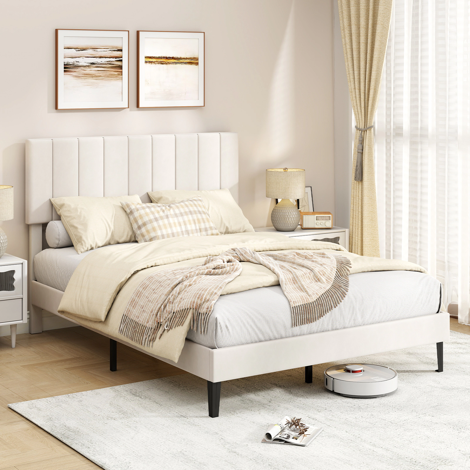 SUGIFT Velvet Upholstered Full Size Platform Bed Frame with 3-Level Adjustable Headboard 800-lb Capacity Beige