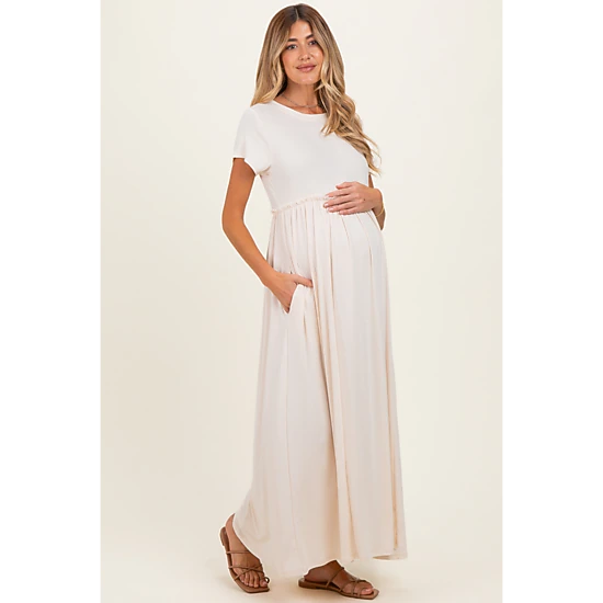 PinkBlush Womens Soft Lemon Ruffle Trim Maternity Maxi Dress