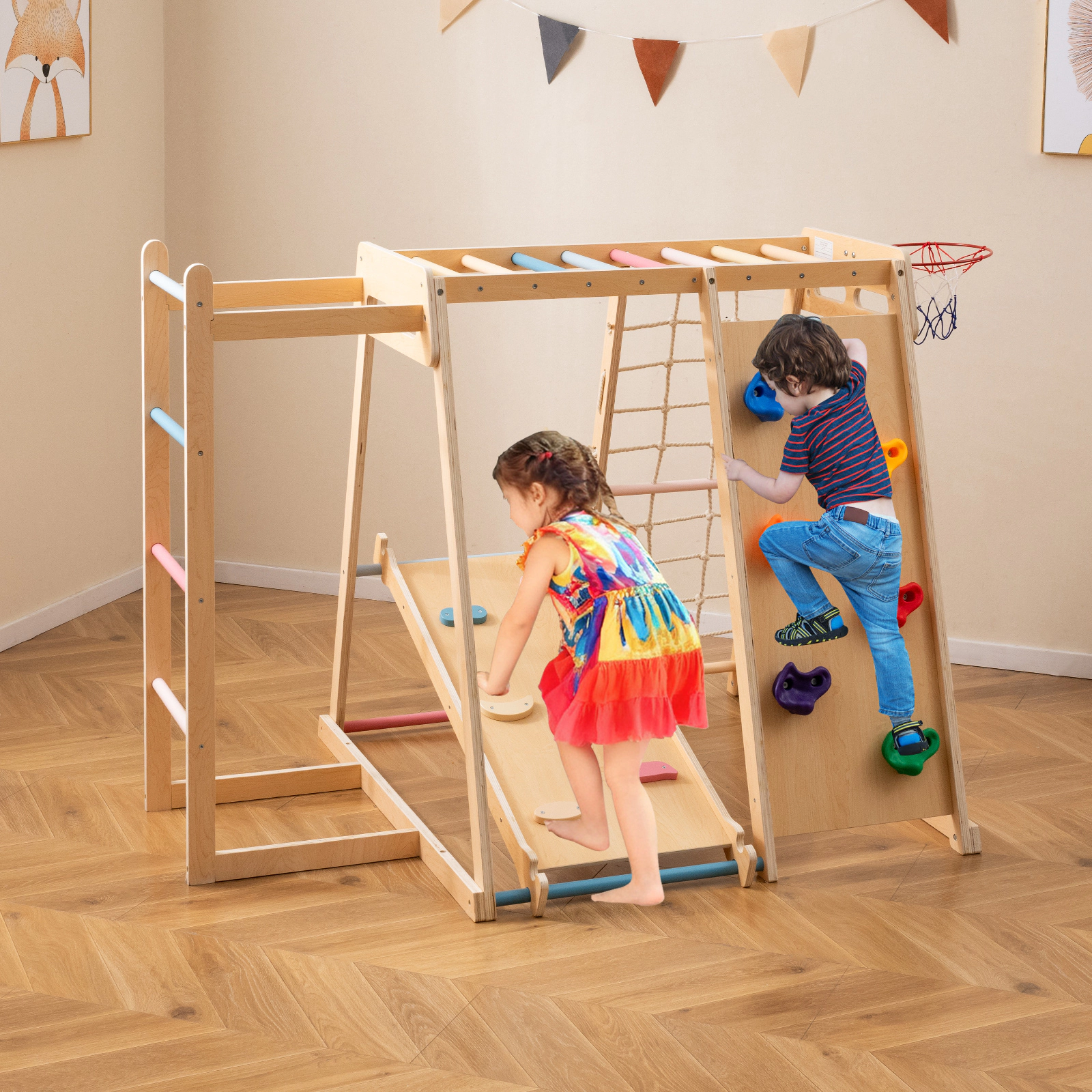6-in-1 Kids Indoor Playground Jungle Gym Reversible Slide Rock Ramp Ball Rim Floor Anchors 330-lb Ages 3-14 Macaron