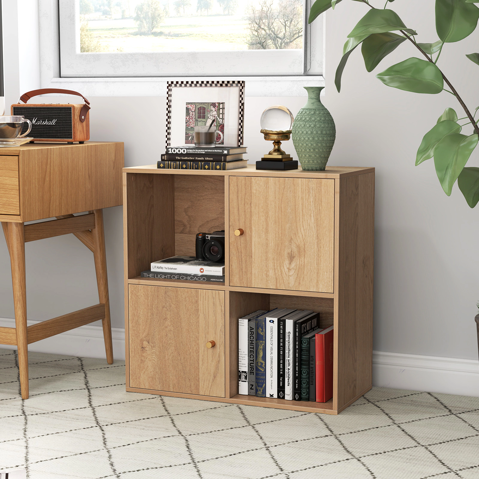 SUGIFT 4-Cube Natural 3-Tier Small Bookshelf with Doors 2 Storage Cabinets and Anti-Tipping Kits