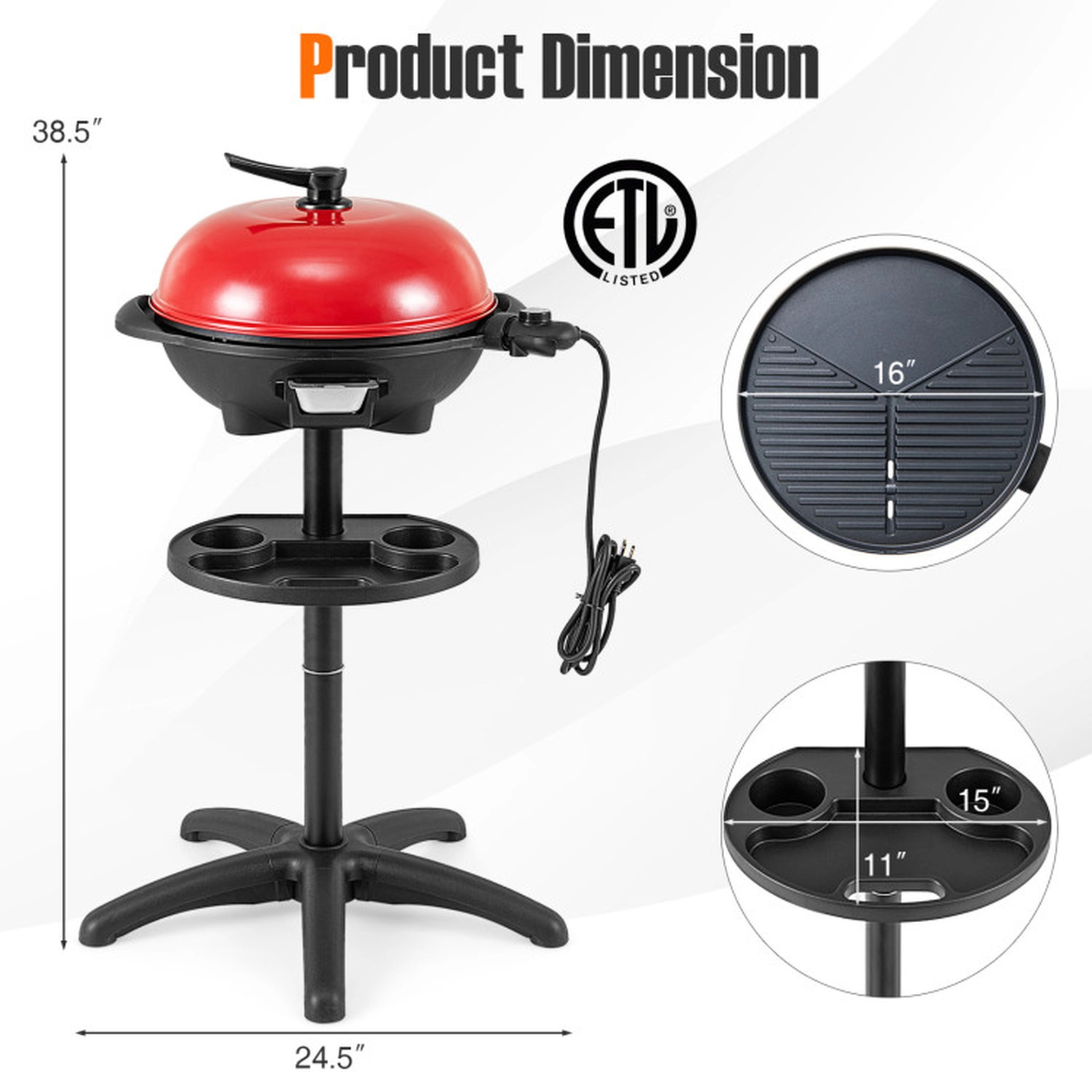 SUGIFT 1350W Red Outdoor Electric Grill with Removable Stand and Grease Bowl 24.8-in W 24.8-in D 35.6-in H