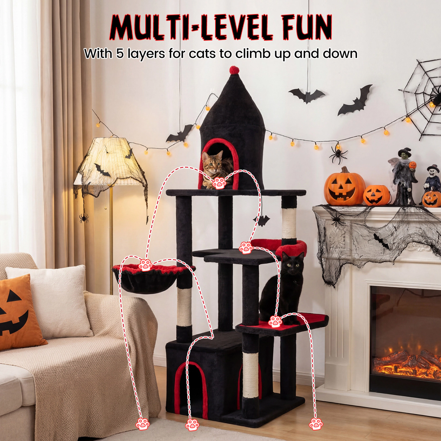 LJG 63 Inch Gothic Cat Tree with Condo and Top Cave for Large Cats 20+ LBS