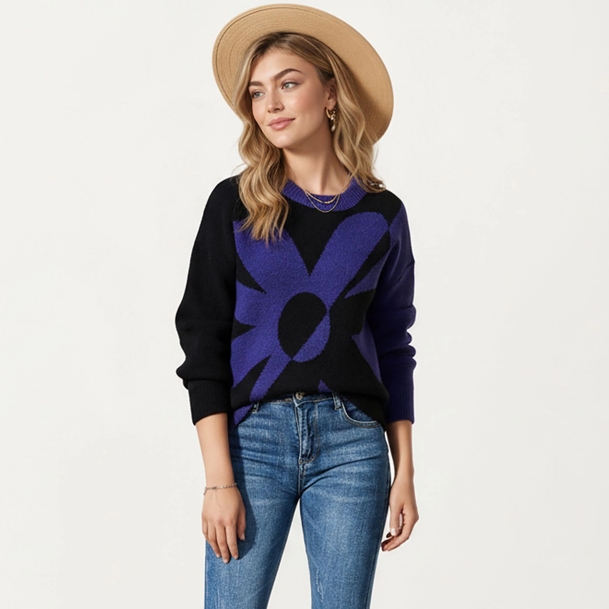 Anna-Kaci Women's Bold Graphic Floral Pattern Knit Sweater with Soft Crew Neckline and Relaxed Long Sleeve Pullover Fit