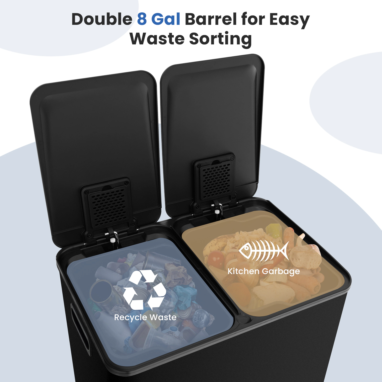 SUGIFT 2 x 8-Gal Black Dual Compartment Stainless Steel Step Trash Can with Deodorizer Compartments