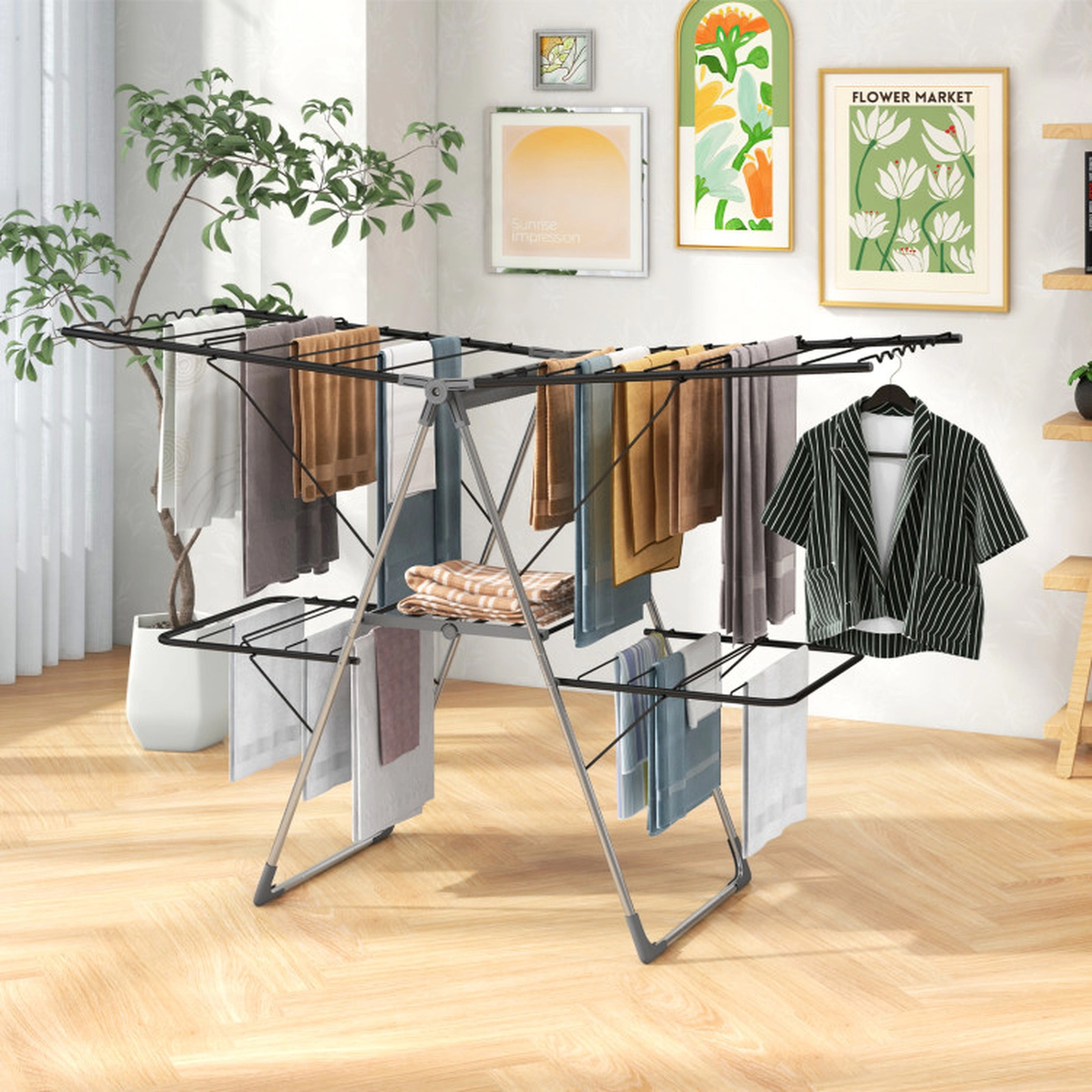 SUGIFT 2-Tier 33 Drying Rails 5-Position Gullwings Folding Laundry Rack 55.5-in Long 77-lb Capacity Silver
