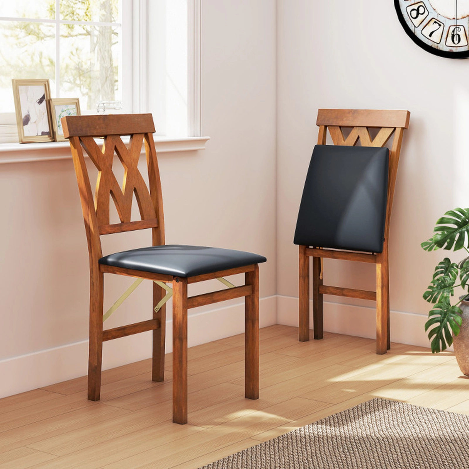 SUGIFT Folding Wooden Dining Chair Faux Leather Upholstered Armless Kitchen Chair 330-Lb Capacity Black and Walnut