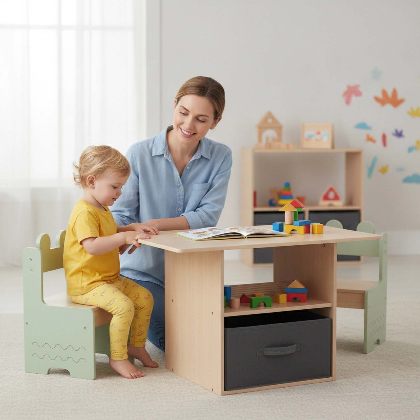 SUGIFT Wooden Kids Table and Chairs Set, 2 Chairs, Storage Compartments and Fabric Drawer, Natural and Green