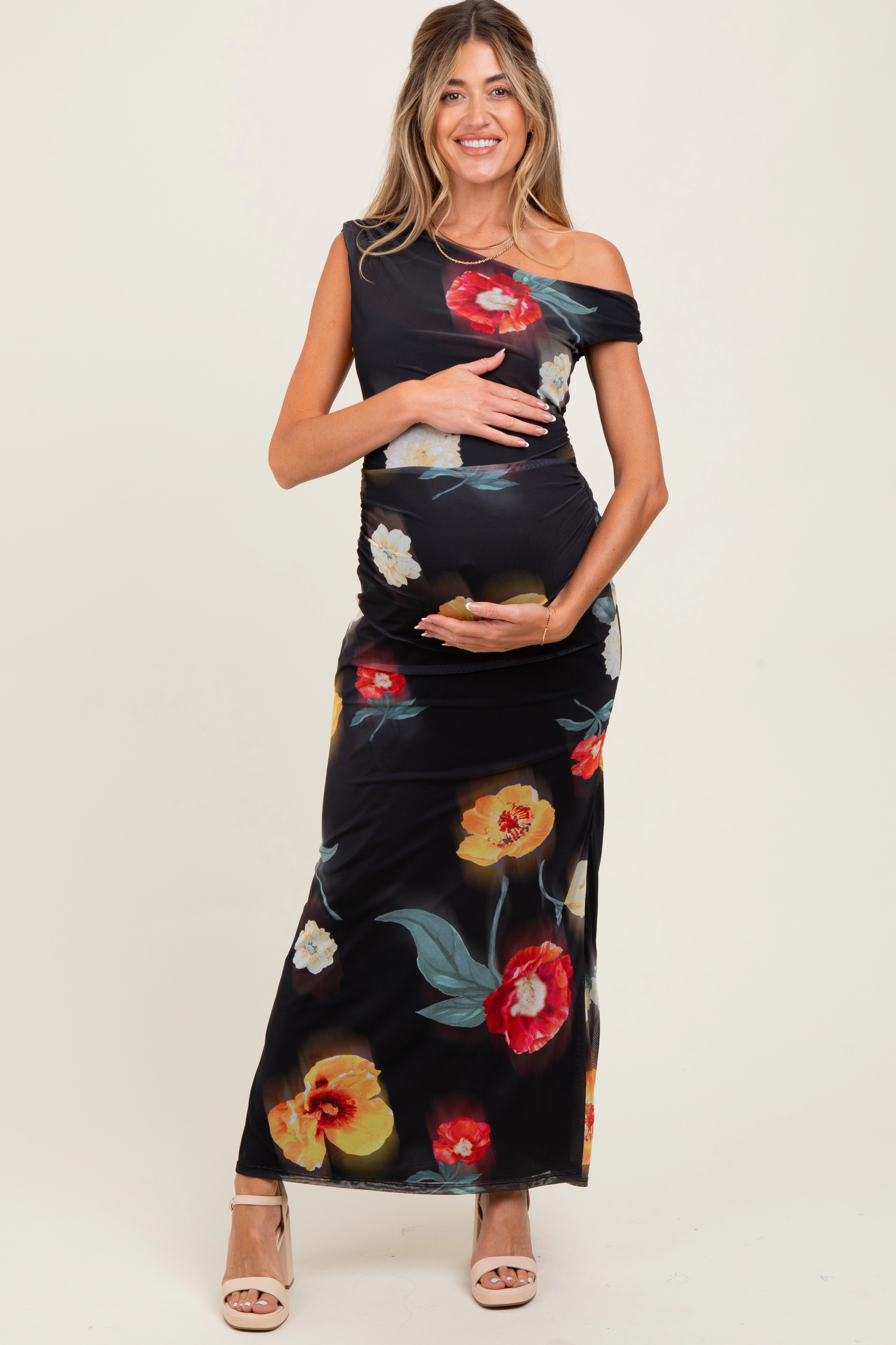 PinkBlush Womens Black Mesh Floral One Shoulder Maternity Maxi Dress