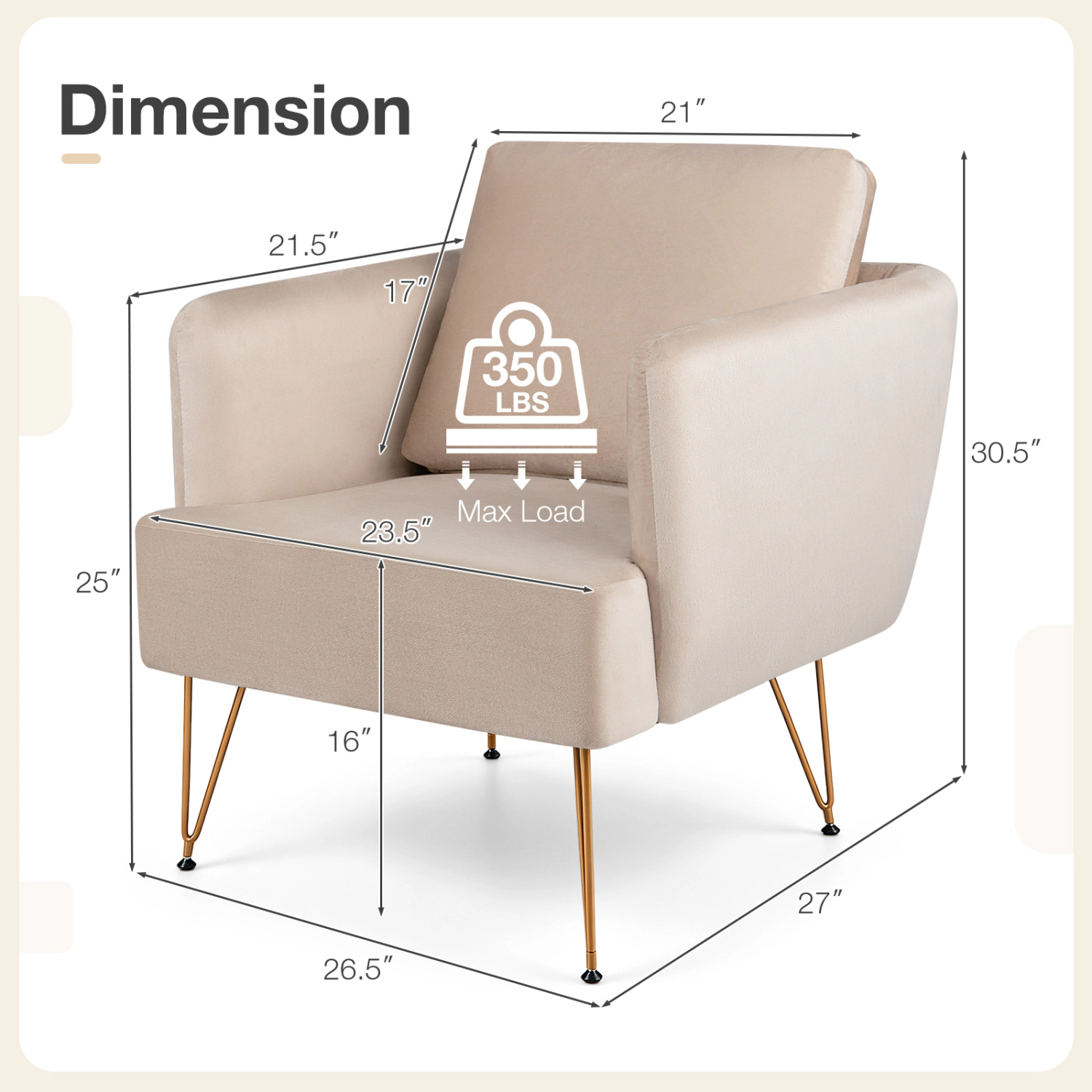 LJG Modern Accent Chair with Back Cushion & Golden Metal Legs for Living Room Bedroom