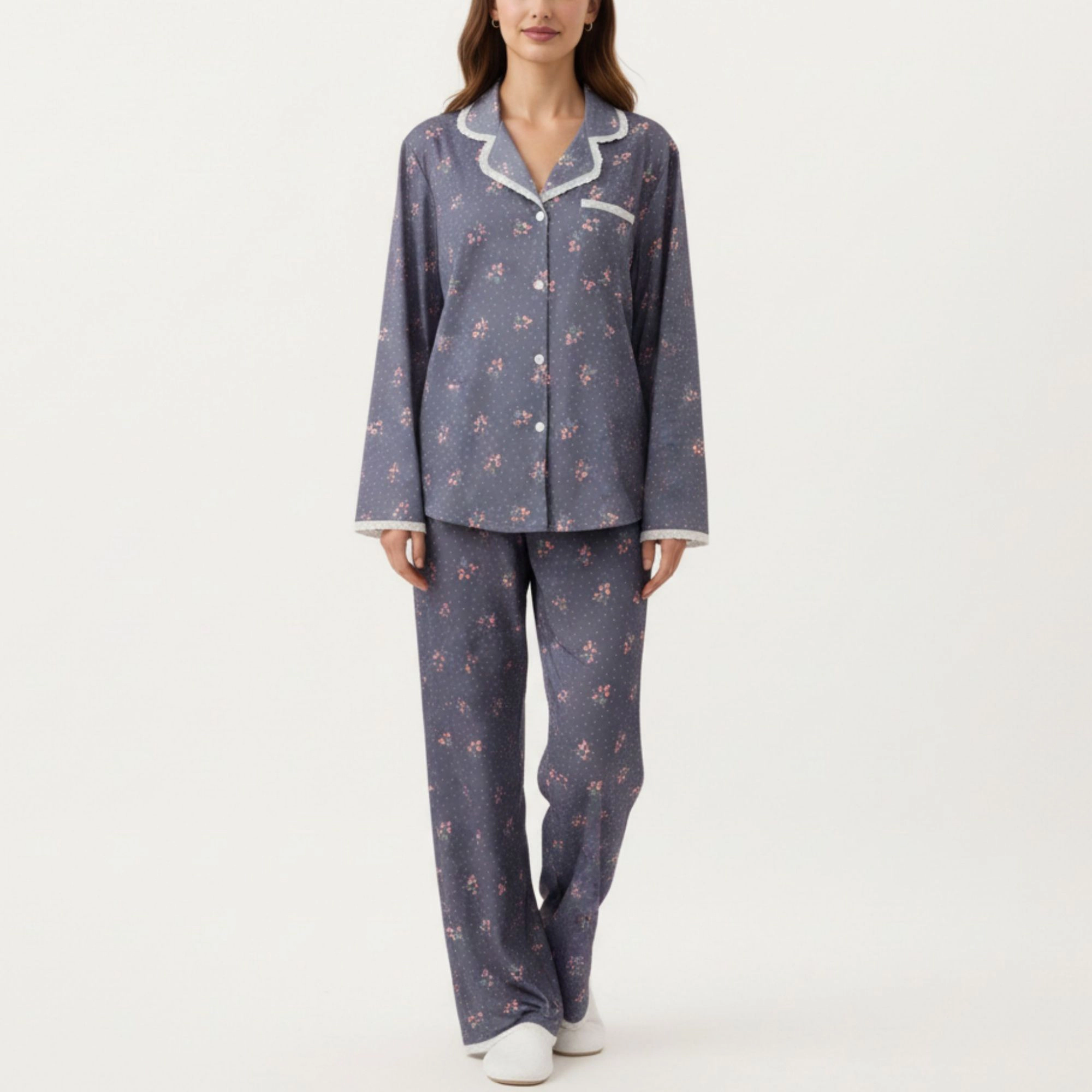 Anna-Kaci Women's 2-Piece Floral Print Pajama Top with Button Front and Trim Details Paired Matching Pants