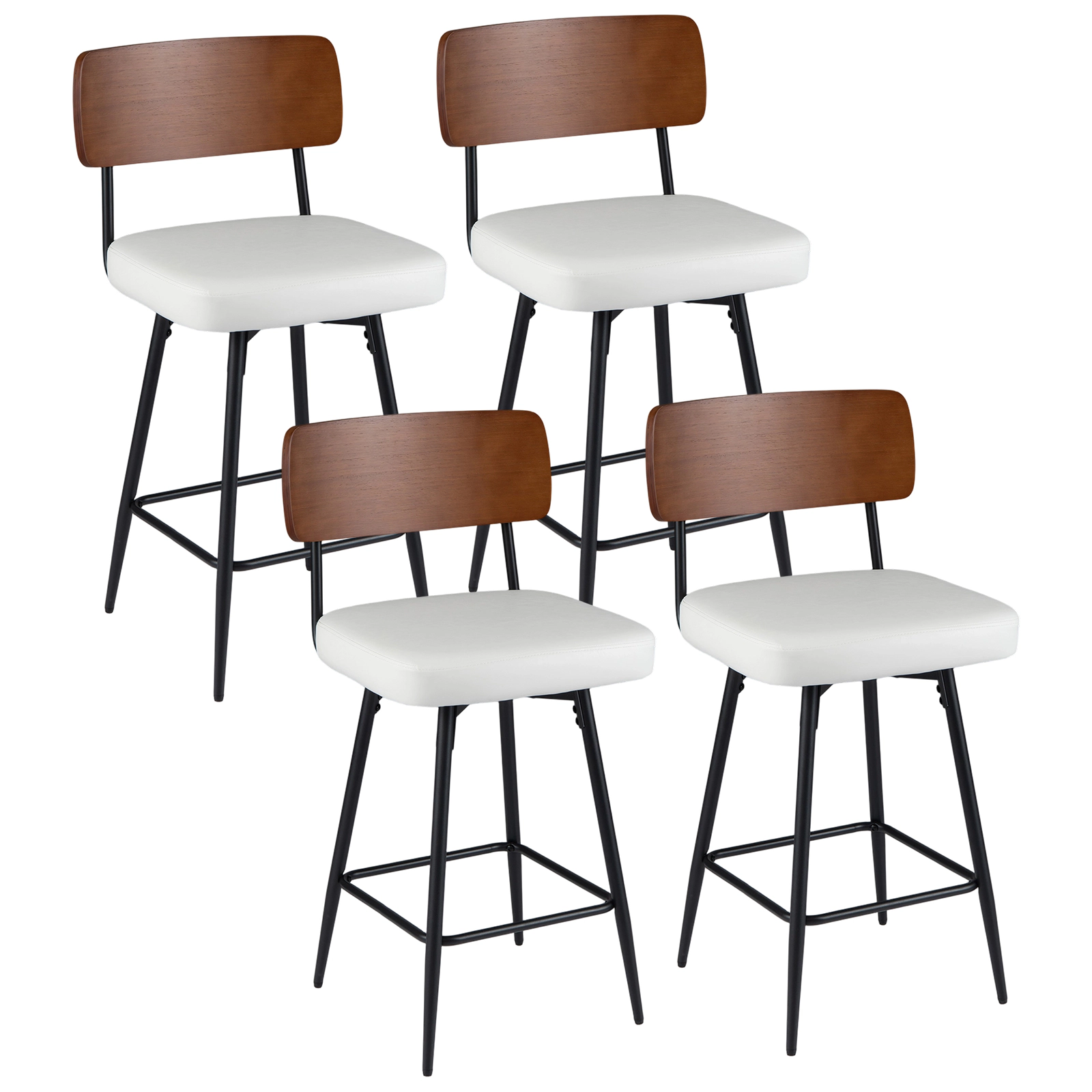 SUGIFT Set of 4 27-Inch Counter-Height Swivel Stools, Waterproof PU Seats, Curved Wood Backs