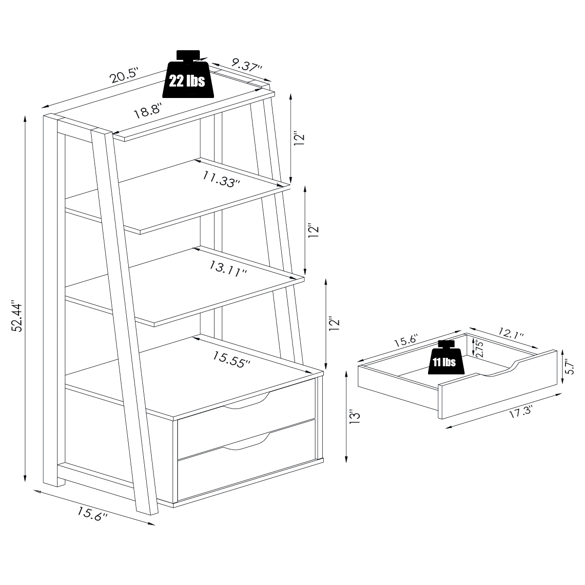 Costway 4-Tier Ladder Shelf Bookshelf Bookcase Storage Display Leaning With 2 Drawers