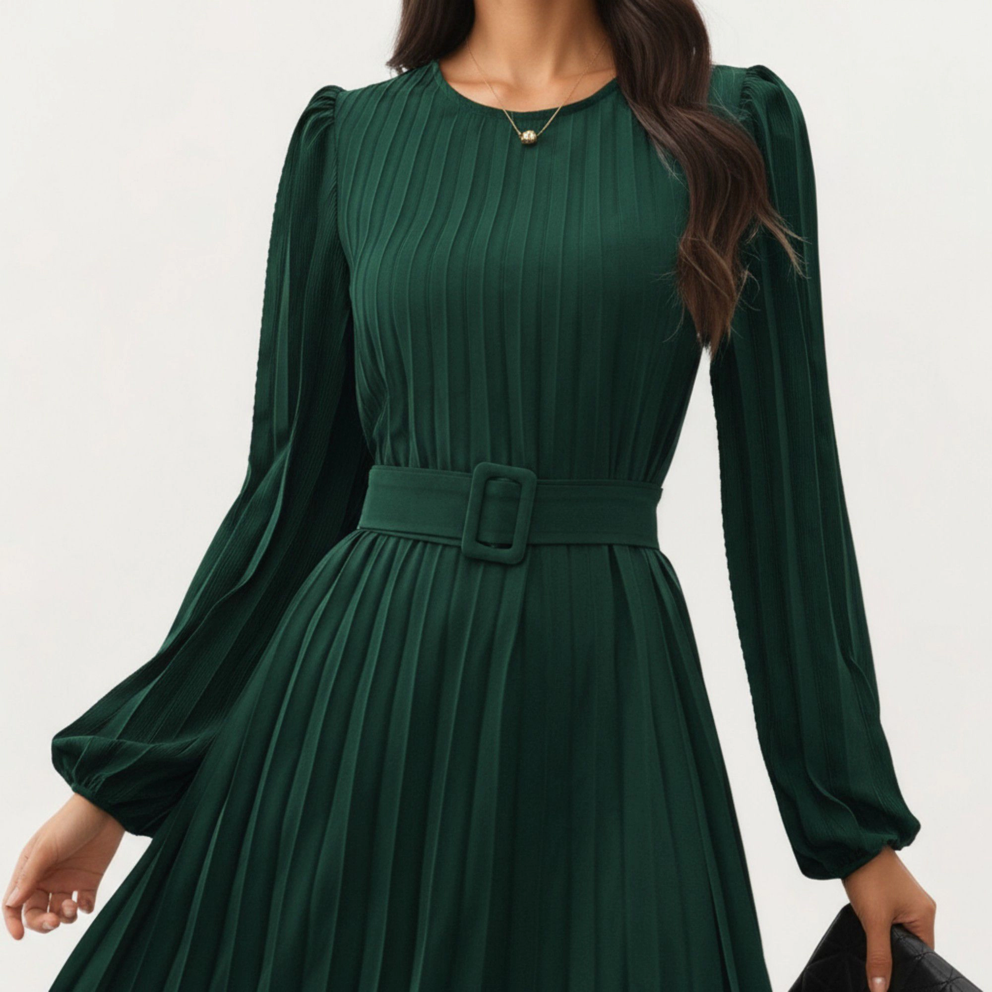 Anna-Kaci Womens Pleated Belted Crew Neck Midi Dress