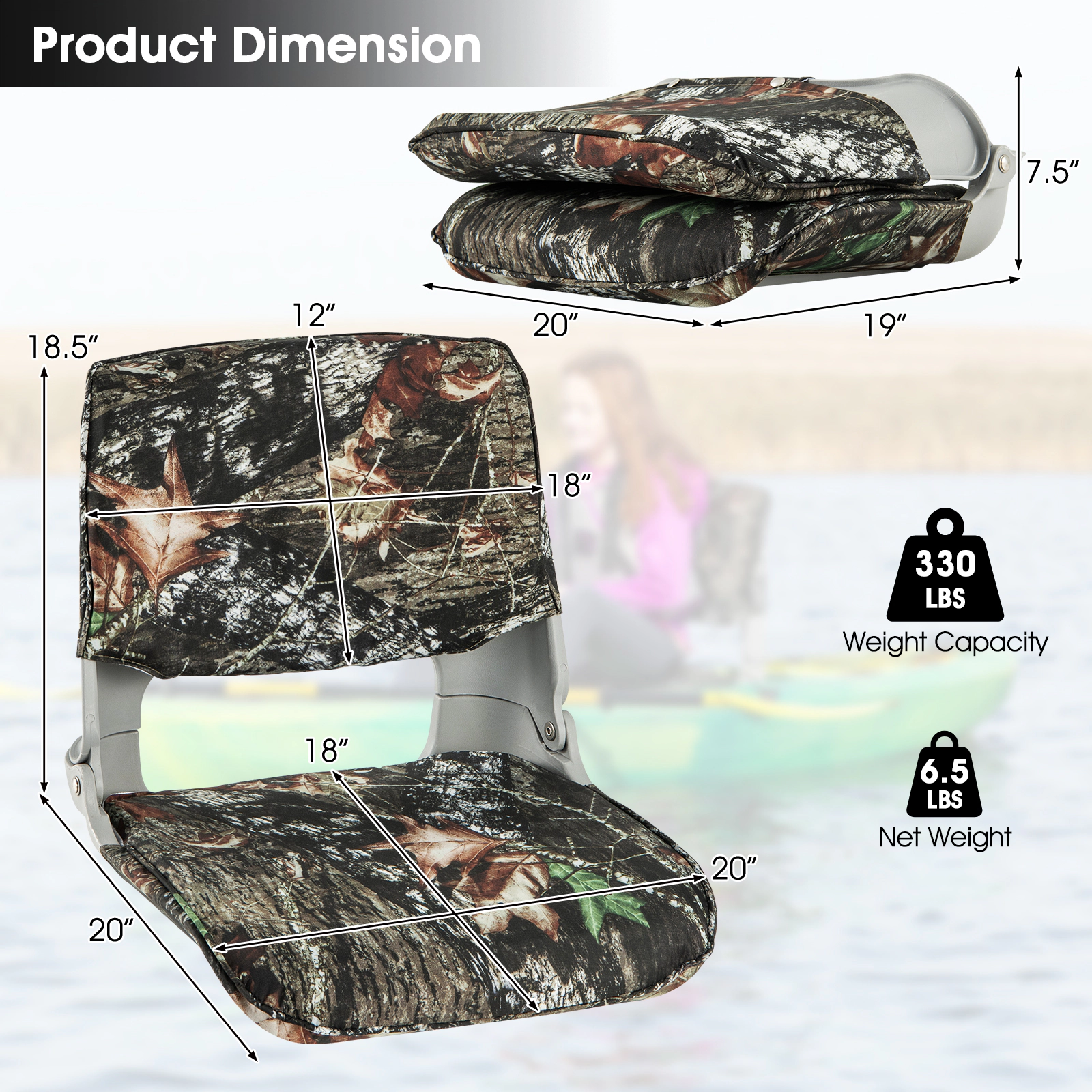 SUGIFT Low Back Folding Padded Boat Seat 330-lb Capacity Camouflage