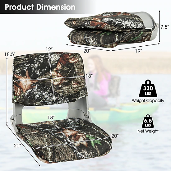 SUGIFT Low Back Folding Padded Boat Seat 330-lb Capacity Camouflage