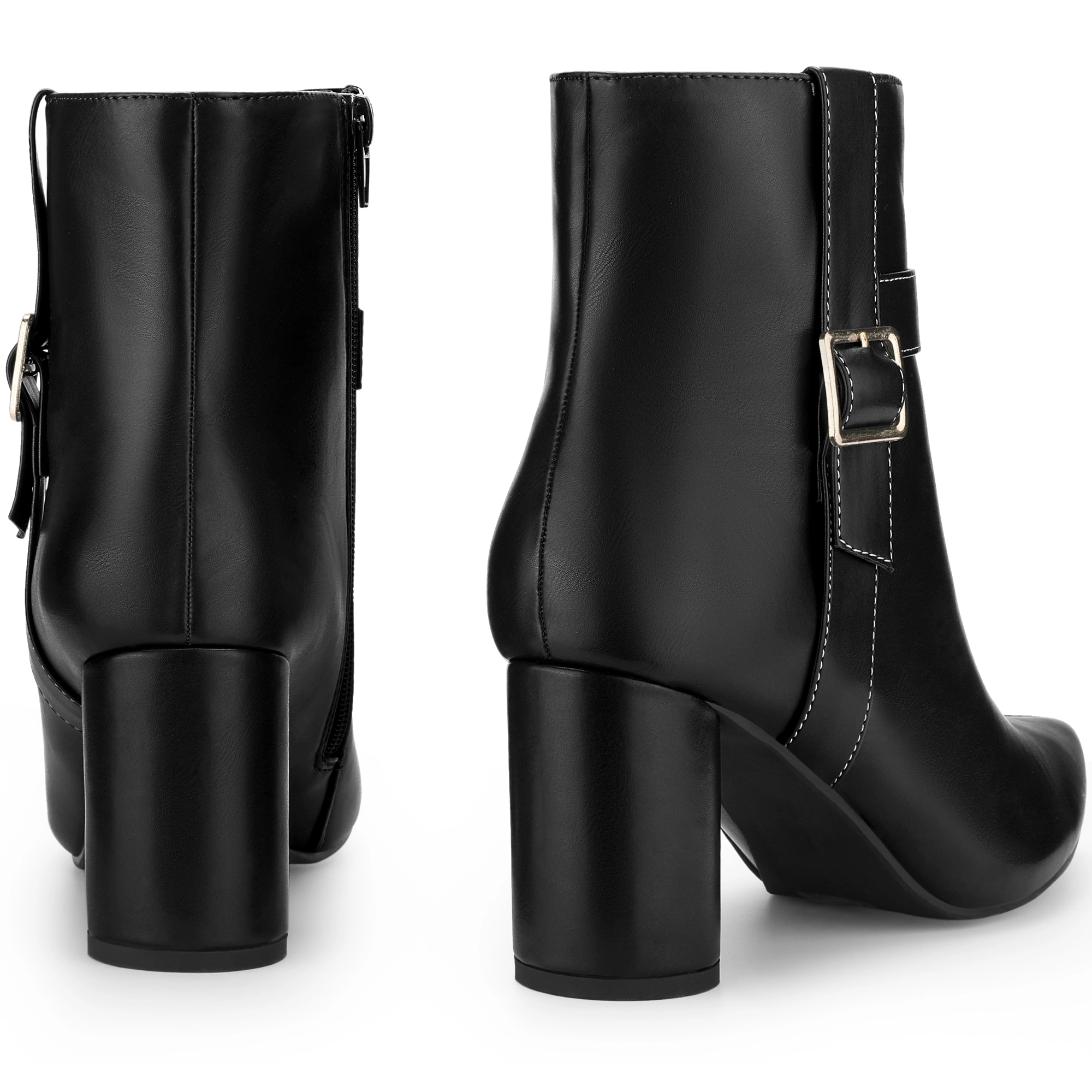 BLISSFUL STEP Women Faux Leather Pointed Toe Chunky Heel Side Zipper Ankle Boots