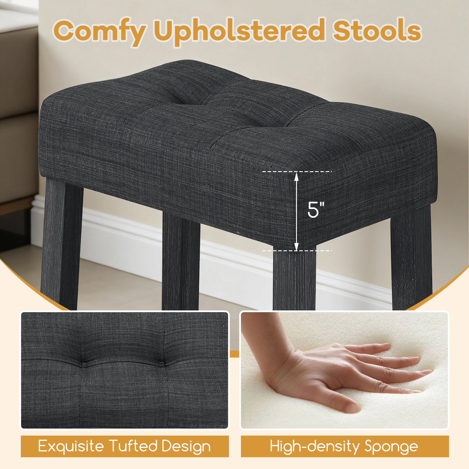 SUGIFT 3-Piece Counter-Height Bar Set with Faux Marble Top, Charging Station and Tufted Stools