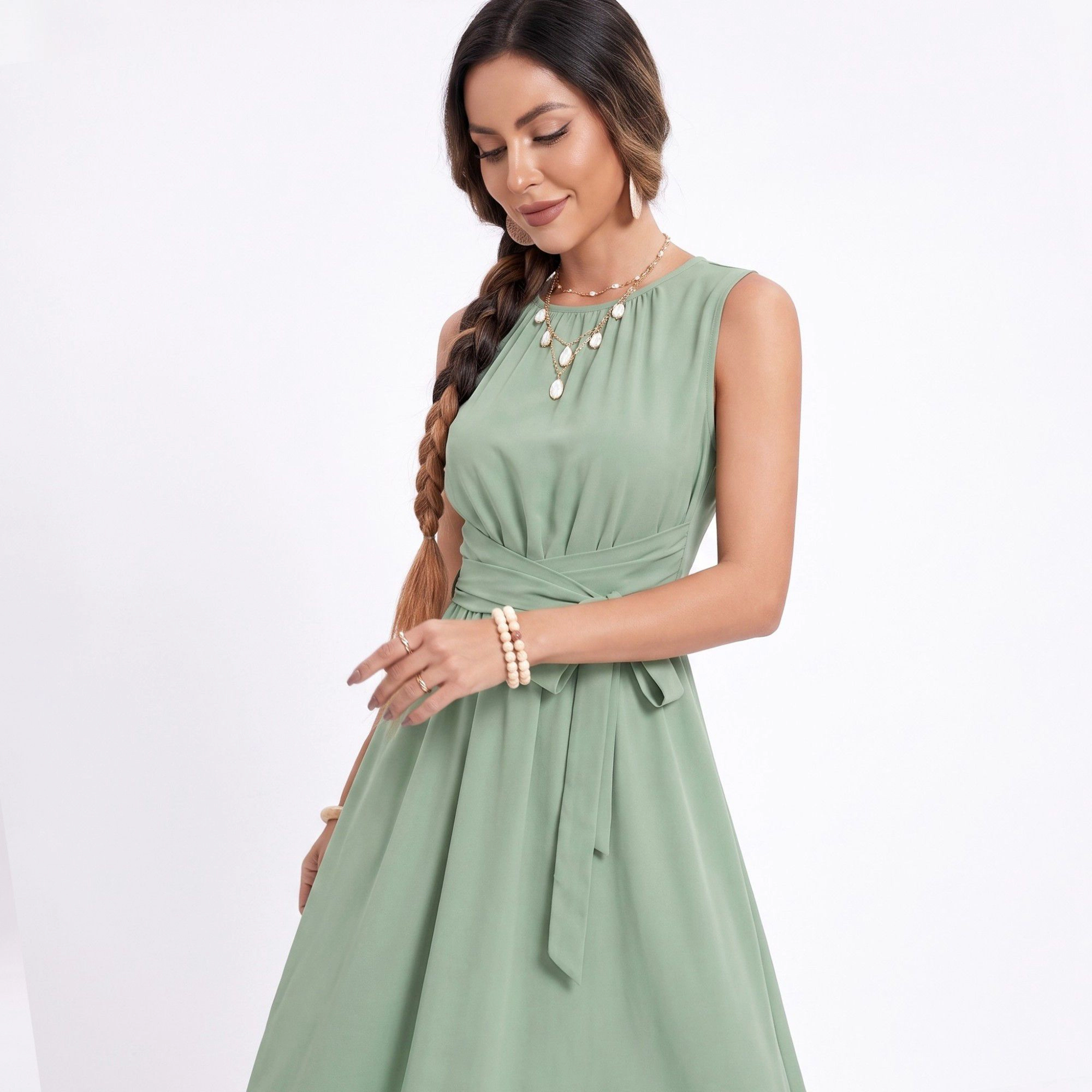 Anna-Kaci Women's High Low Sleeveless Tie Waist A-Line Midi Dress